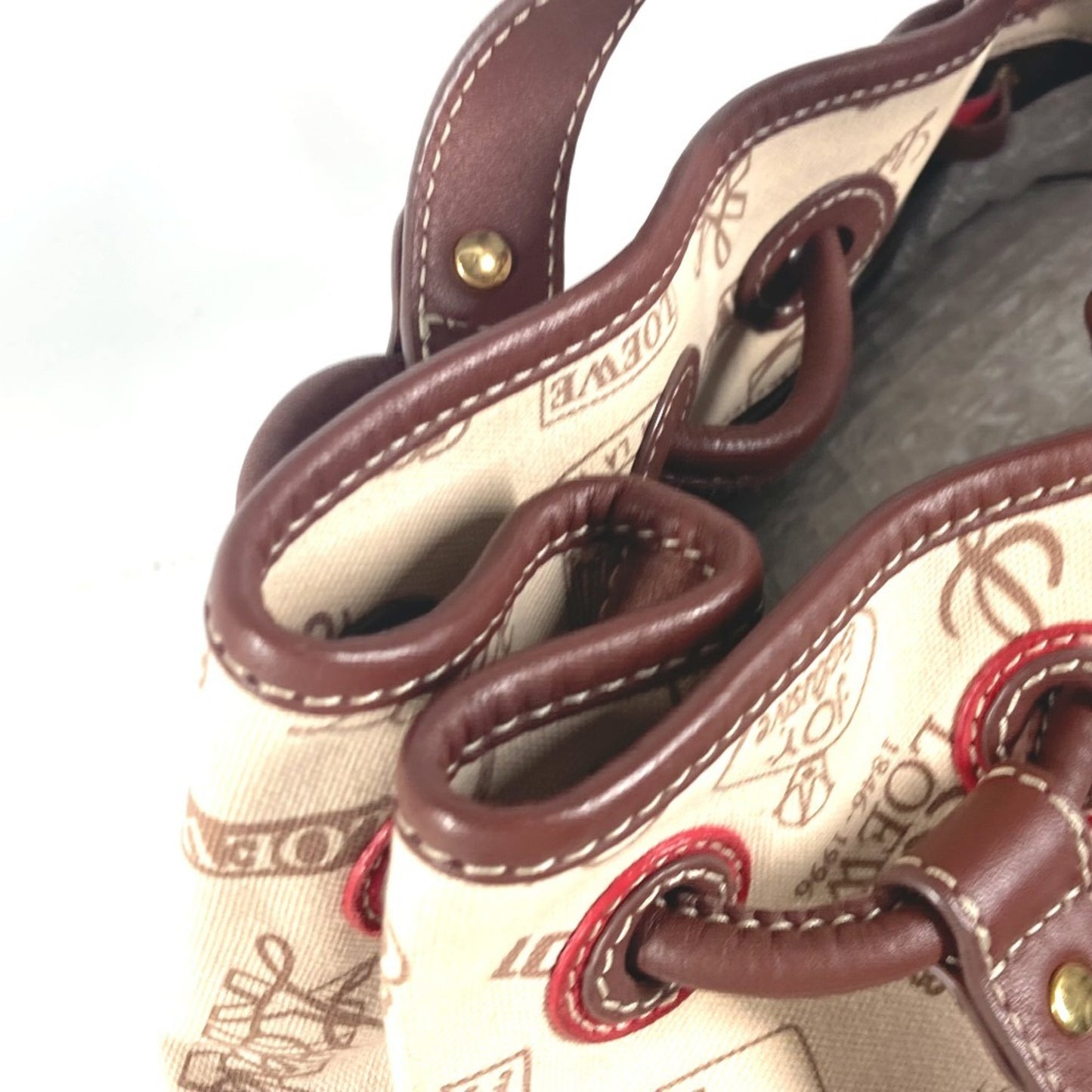 LOEWE 160th Anniversary Logo Anagram Drawstring Bag Shoulder Canvas Leather Women's Beige