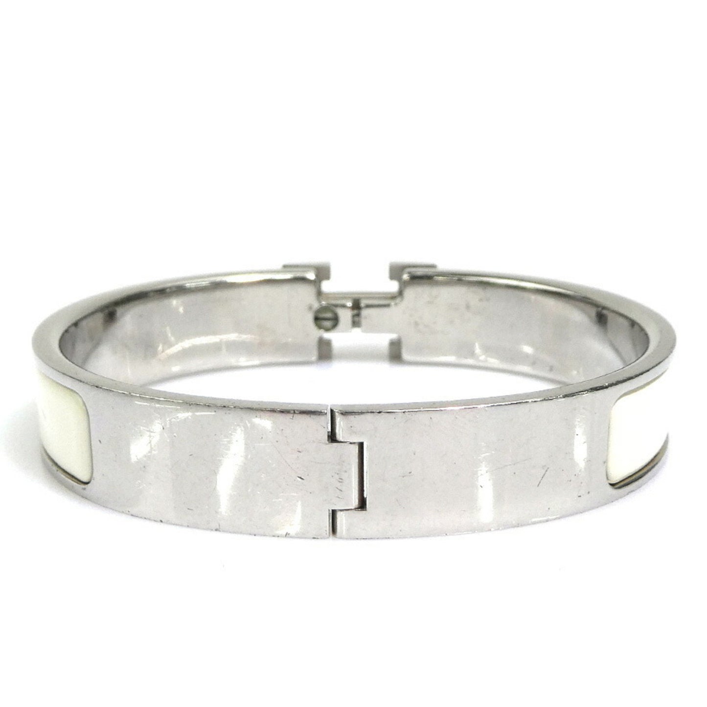 Hermes Hermès Click-Clack Metal Enamel Bangle Bracelet in Silver and Off-White for Women (e60887i)