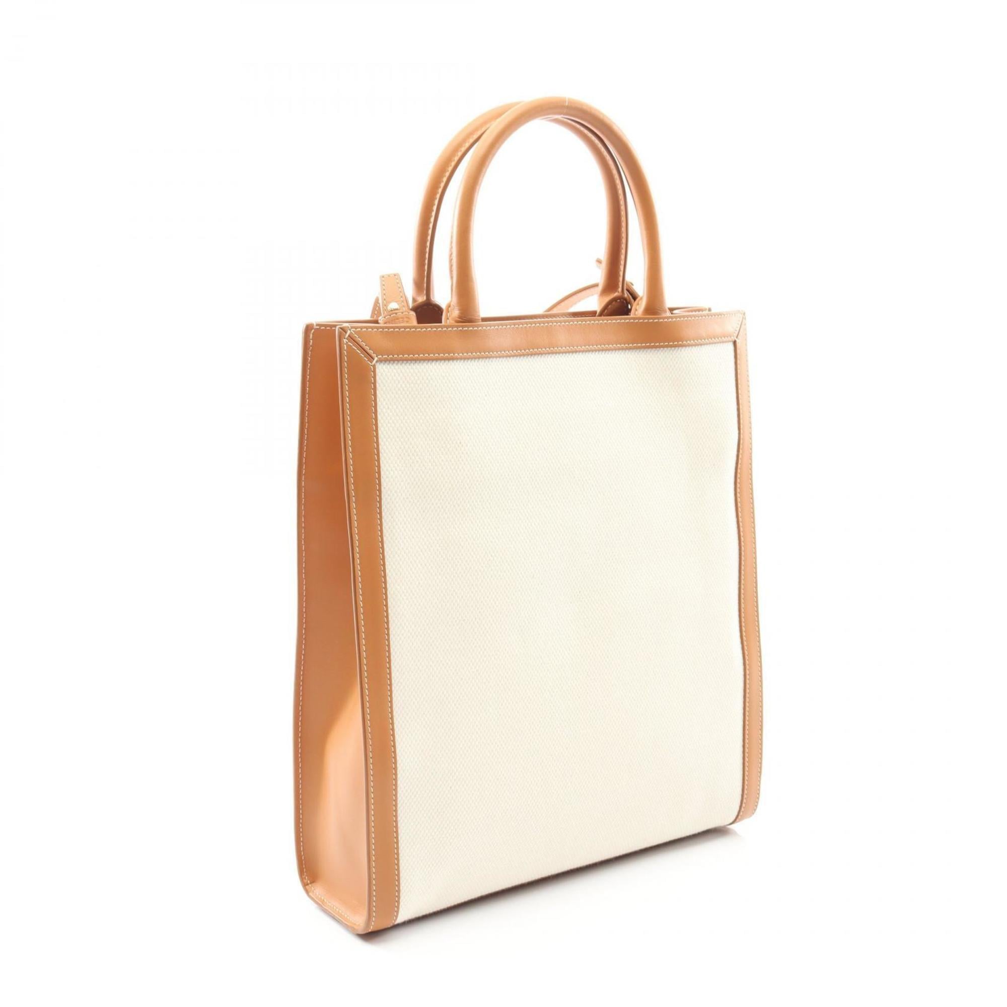 Celine Small Vertical Cabas Tote Bag in Canvas and Leather, Women's, White/Brown, 192082BNZ