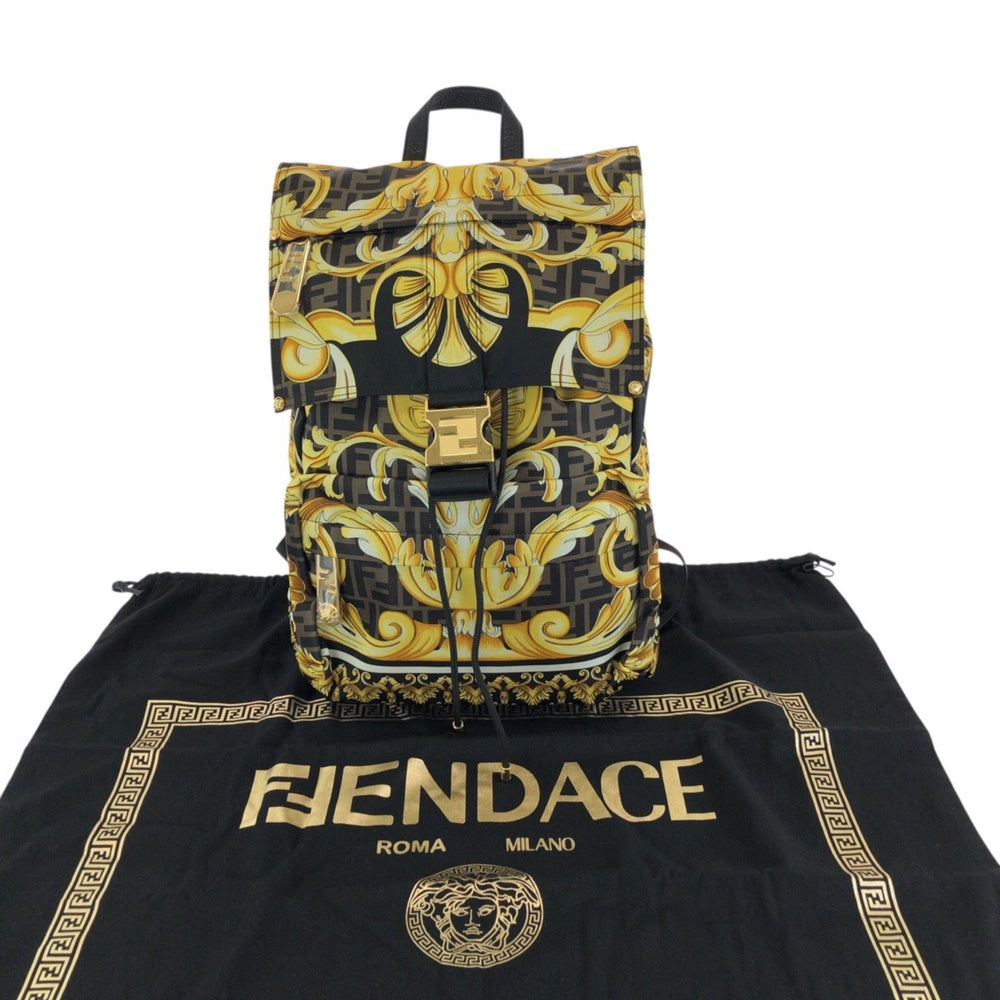 FENDI x VERSACE Backpack (7VZ066) - Black, Brown, Yellow, Gold Hardware, Nylon, Women's — Like New
