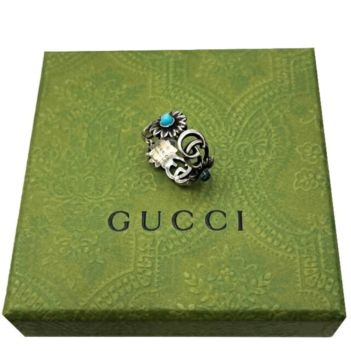 GUCCI Double G Mother of Pearl Ring Gucci Flower Interlocking Blue Sterling Silver GG Turquoise