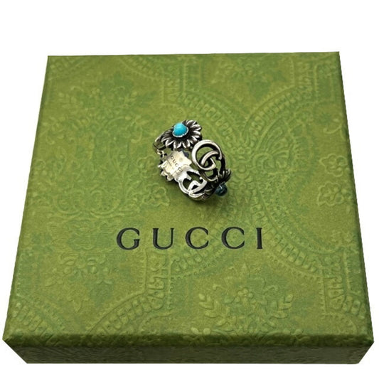 GUCCI Double G Mother of Pearl Ring Gucci Flower Interlocking Blue Sterling Silver GG Turquoise