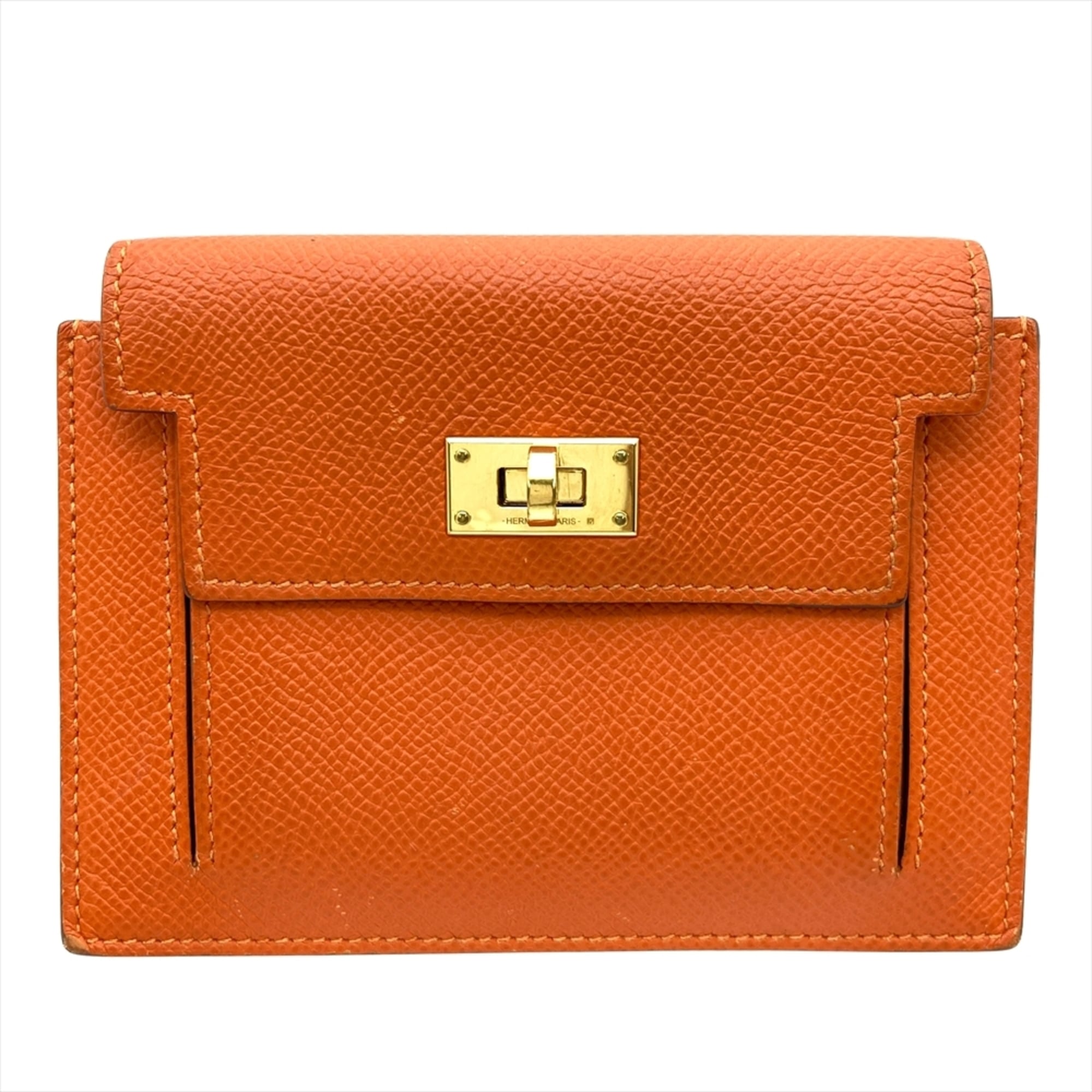 Hermes Hermès Kelly Pocket Compact Wallet/Coin Case, Epsom Leather, Y Stamp, Orange, Gold Hardware