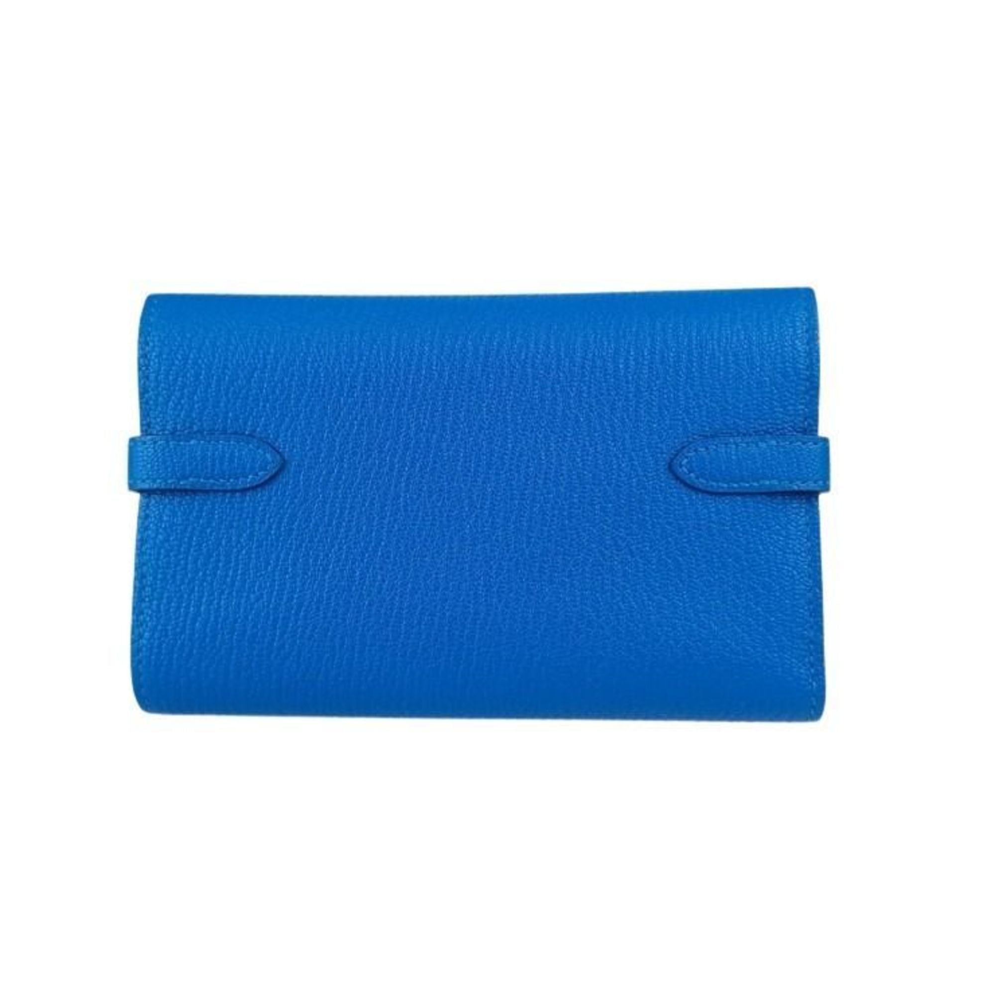 HERMES Kelly Deprien Medium Wallet in Blue Chevre, a women's tri-fold long wallet.