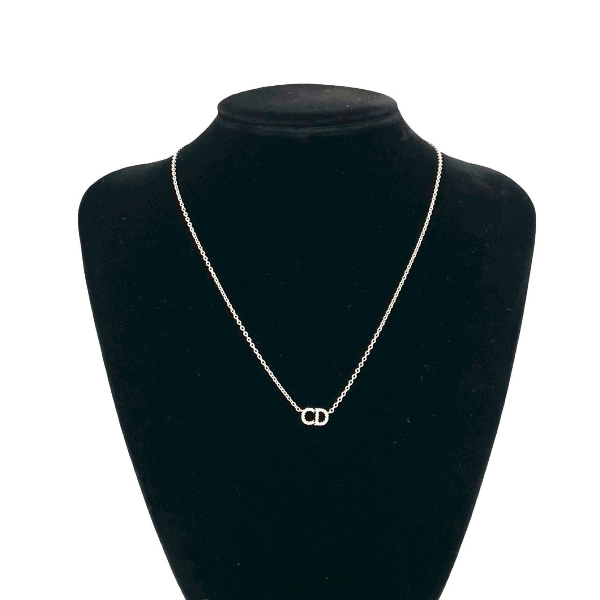 Christian Dior CD Metal Rhinestone Necklace Pendant Silver 29645