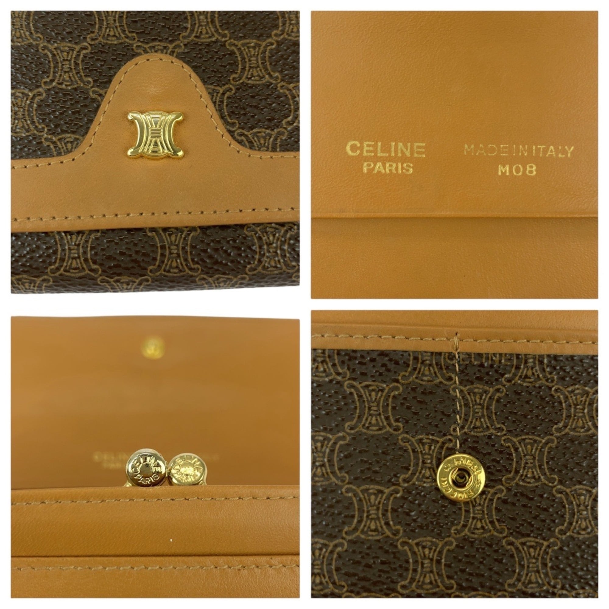 CELINE Macadam Triomphe Brown Leather M08 Long Wallet with Clasp Closure for Women