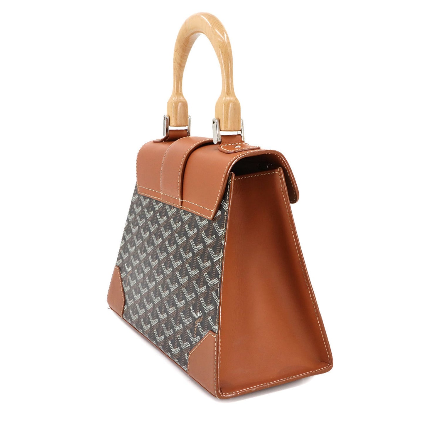 Goyard Saigon PM 2-way hand/shoulder bag in PVC, leather, wood, black, brown, and herringbone.