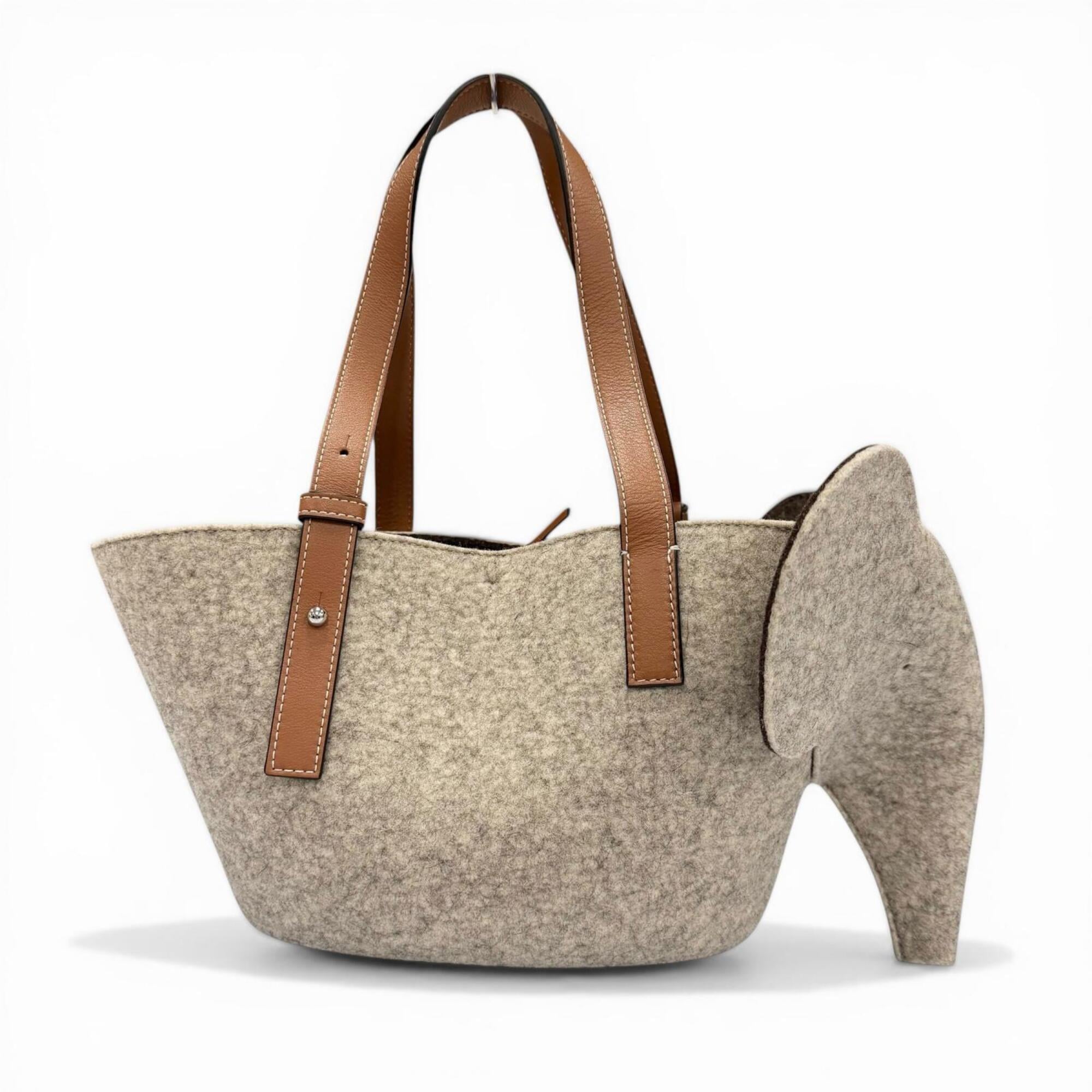 LOEWE Felt Leather Elephant Basket Anagram Logo Handbag, Gray/Brown, Made in Spain, Women's — Like New