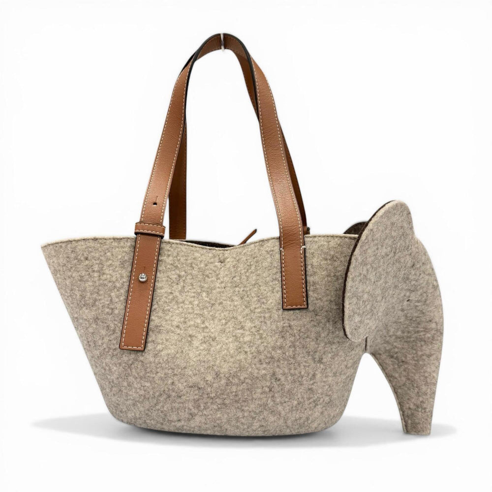 LOEWE Felt Leather Elephant Basket Anagram Logo Handbag, Gray/Brown, Made in Spain, Women's — Like New