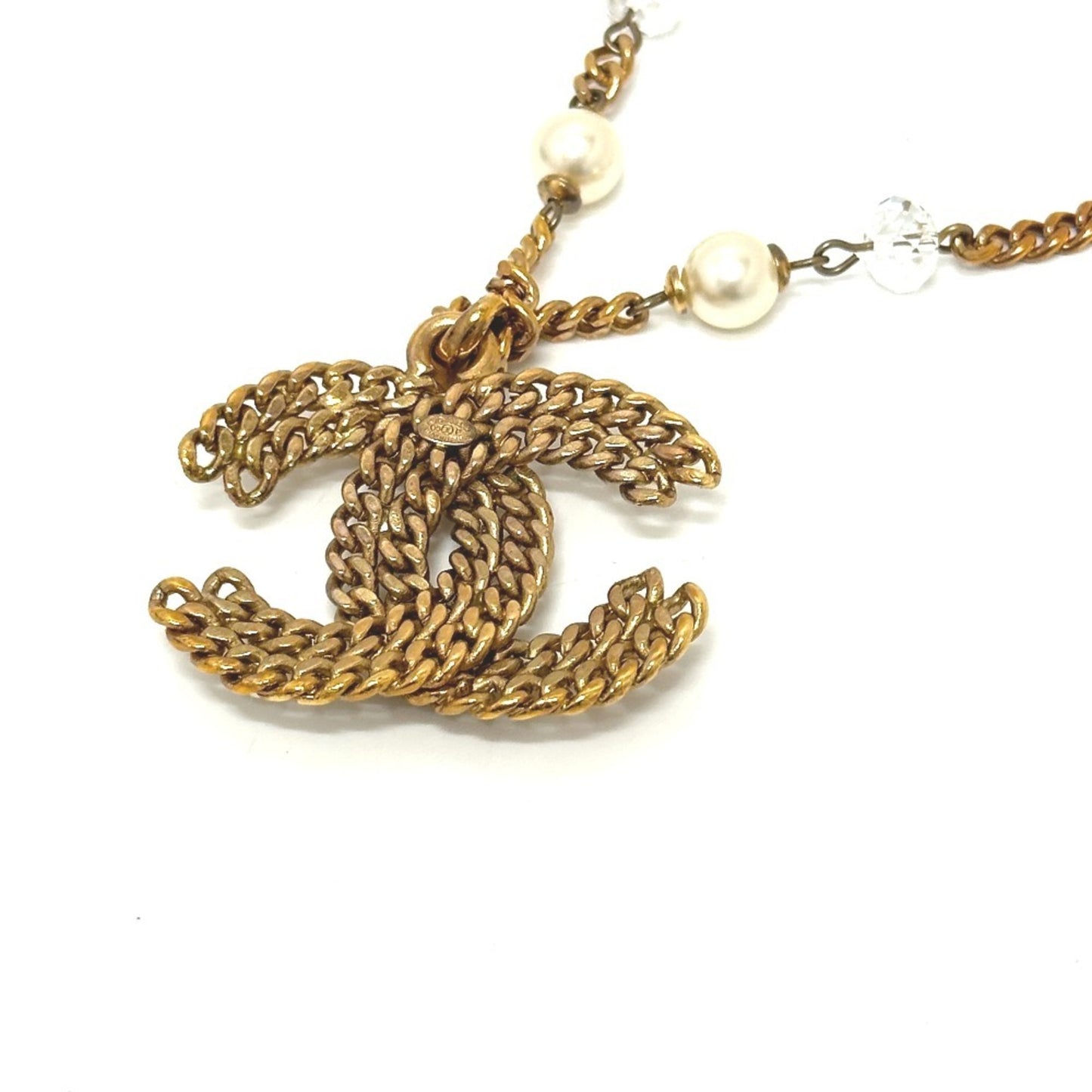 CHANEL 05P Coco Mark Fake Pearl Chain Necklace Metal Women's Gold