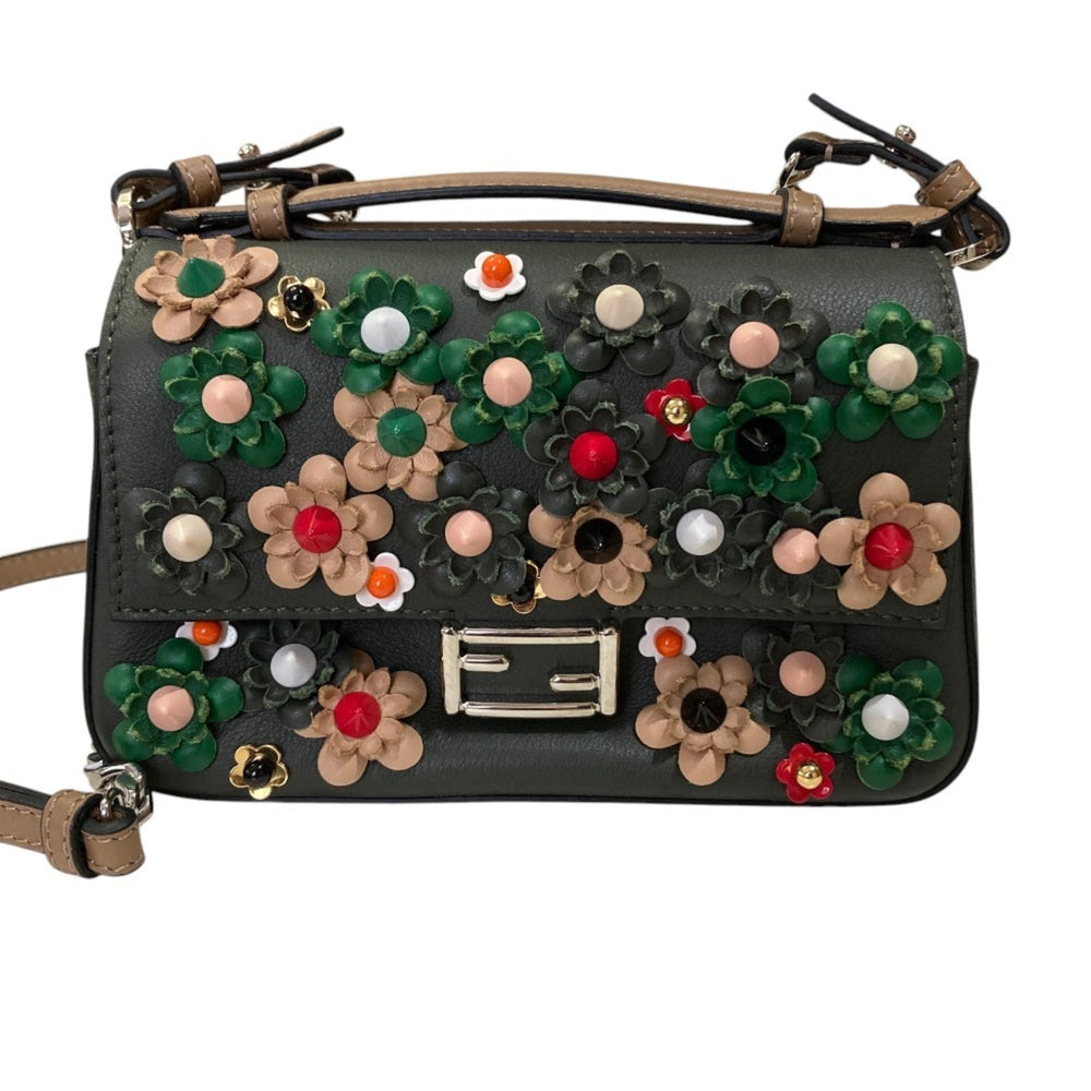 FENDI Fendi Applique Stud Flowerland Micro Double Bucket Chain Shoulder Bag Khaki Women's — Like New