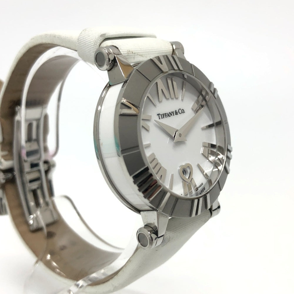 TIFFANY & Co. Z1300.11.11A20A41A White Ceramic Atlas Quartz Date Watch with Stainless Steel and Leather Strap, Silver — Good