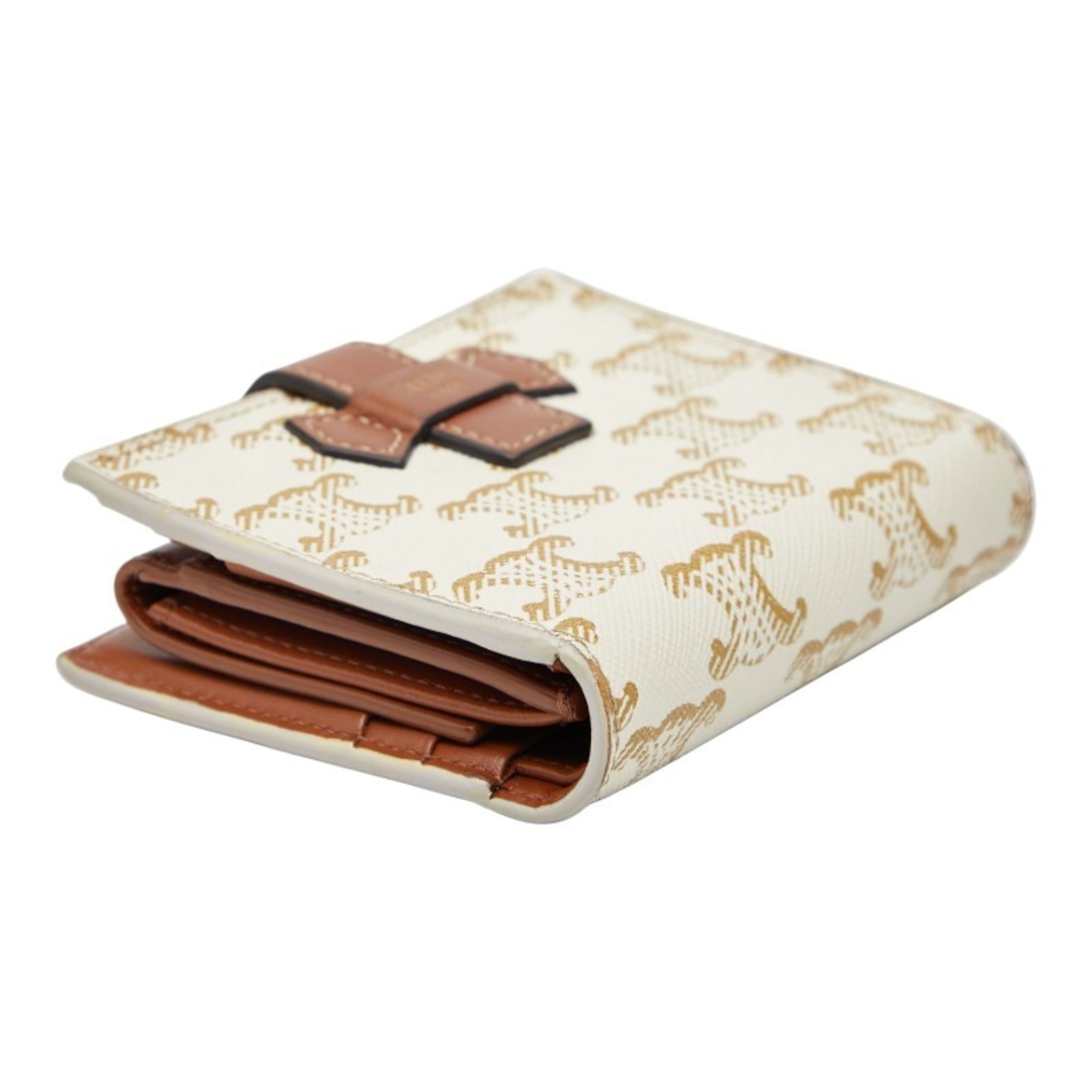 Celine Triomphe Small Strap Wallet, Bifold Ivory/Brown Leather, Women's, CELINE