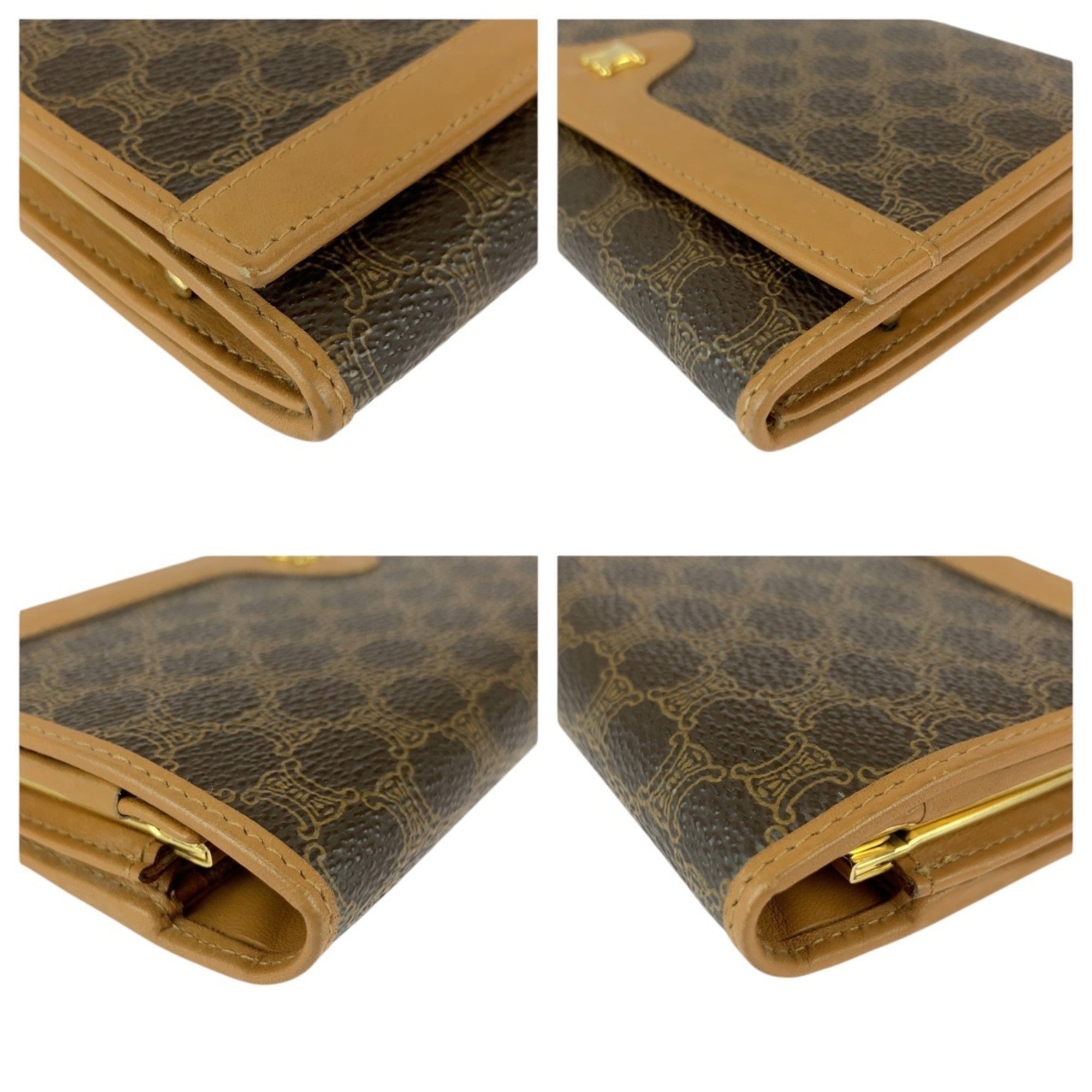 CELINE Macadam Triomphe Brown Leather M08 Long Wallet with Clasp Closure for Women