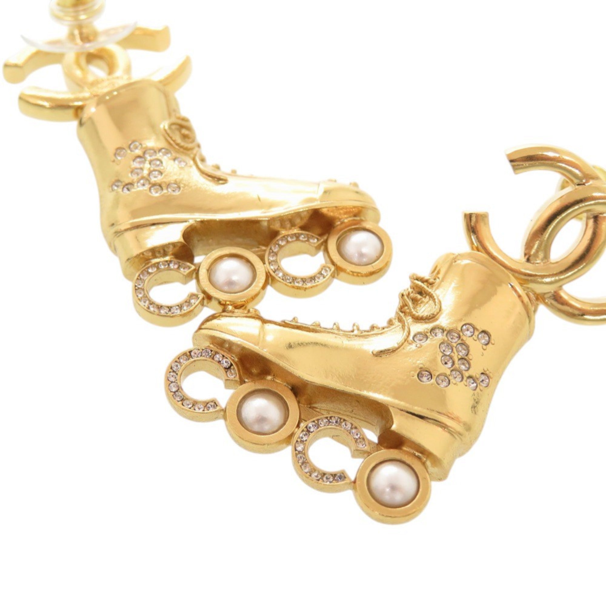 Unused Chanel Coco Mark Roller Skates Metal Rhinestone Faux Pearl Gold Earrings 1465CHANEL — Like New