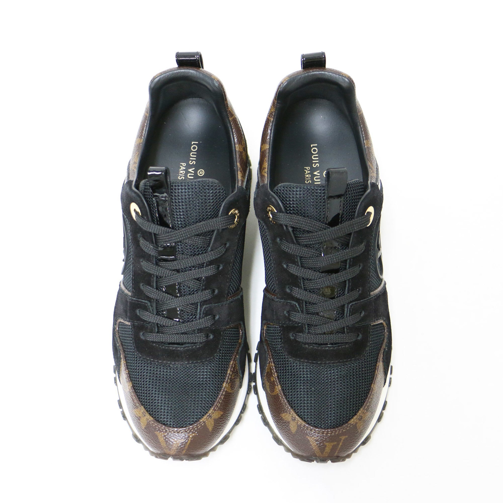 LOUIS VUITTON Louis Vuitton Sneakers Black Brown Gold Size: 34 1/2 (22.0 cm) Runaway Monogram Mesh Suede Combi Lace-up Low Cut Women's