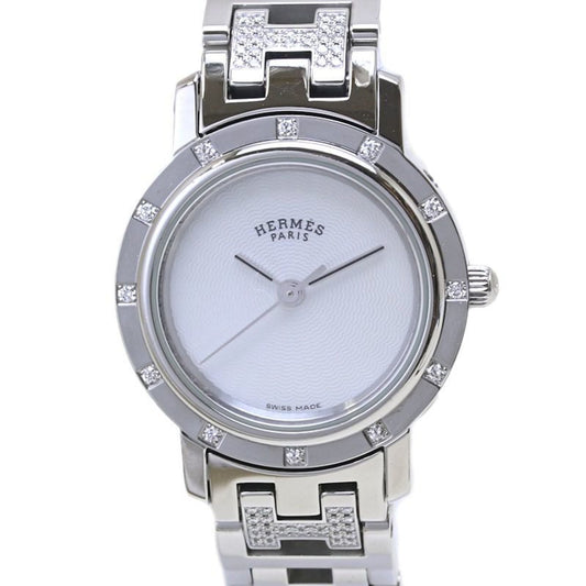 HERMES Clipper Nakreh (old buckle) women's watch CL4.230.215 3869 with 12 diamond bezel and bracelet in stainless steel (40047)