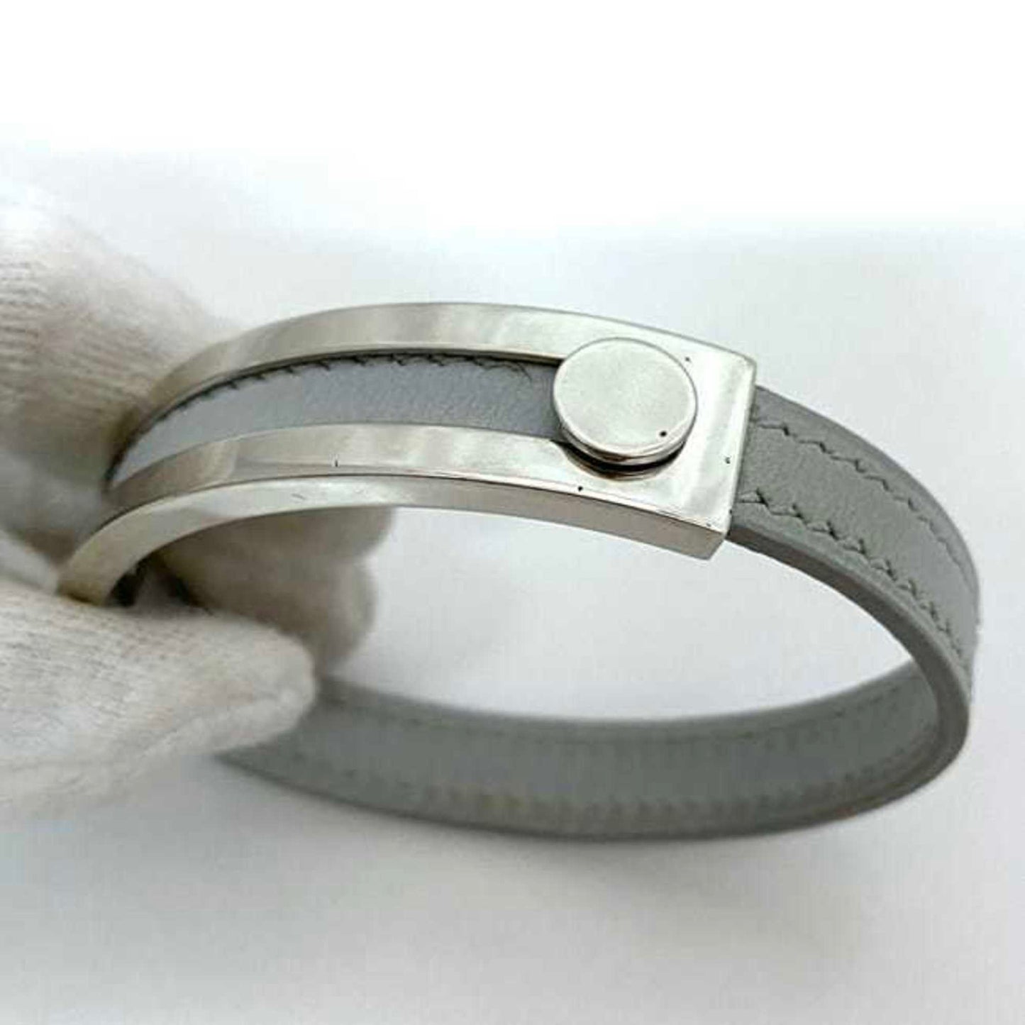 Hermes Bracelet Puspus ec-22360 Grey Silver Leather Metal □F Stamp HERMES Adjustable Size Ladies Accessory