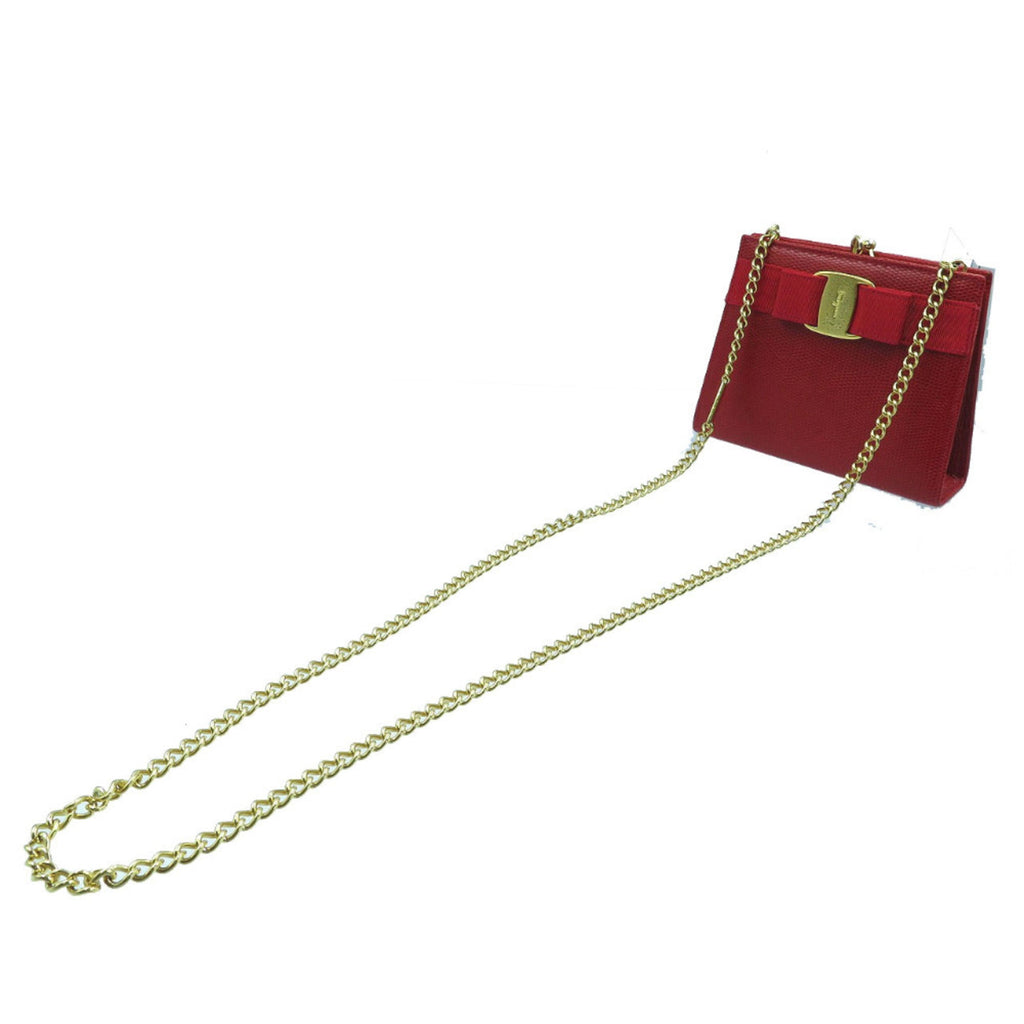 Excellent condition Salvatore Ferragamo Vara Ribbon embossed lizard red shoulder bag 223354 with gold chain. Item number 0018. Ferragamo.
