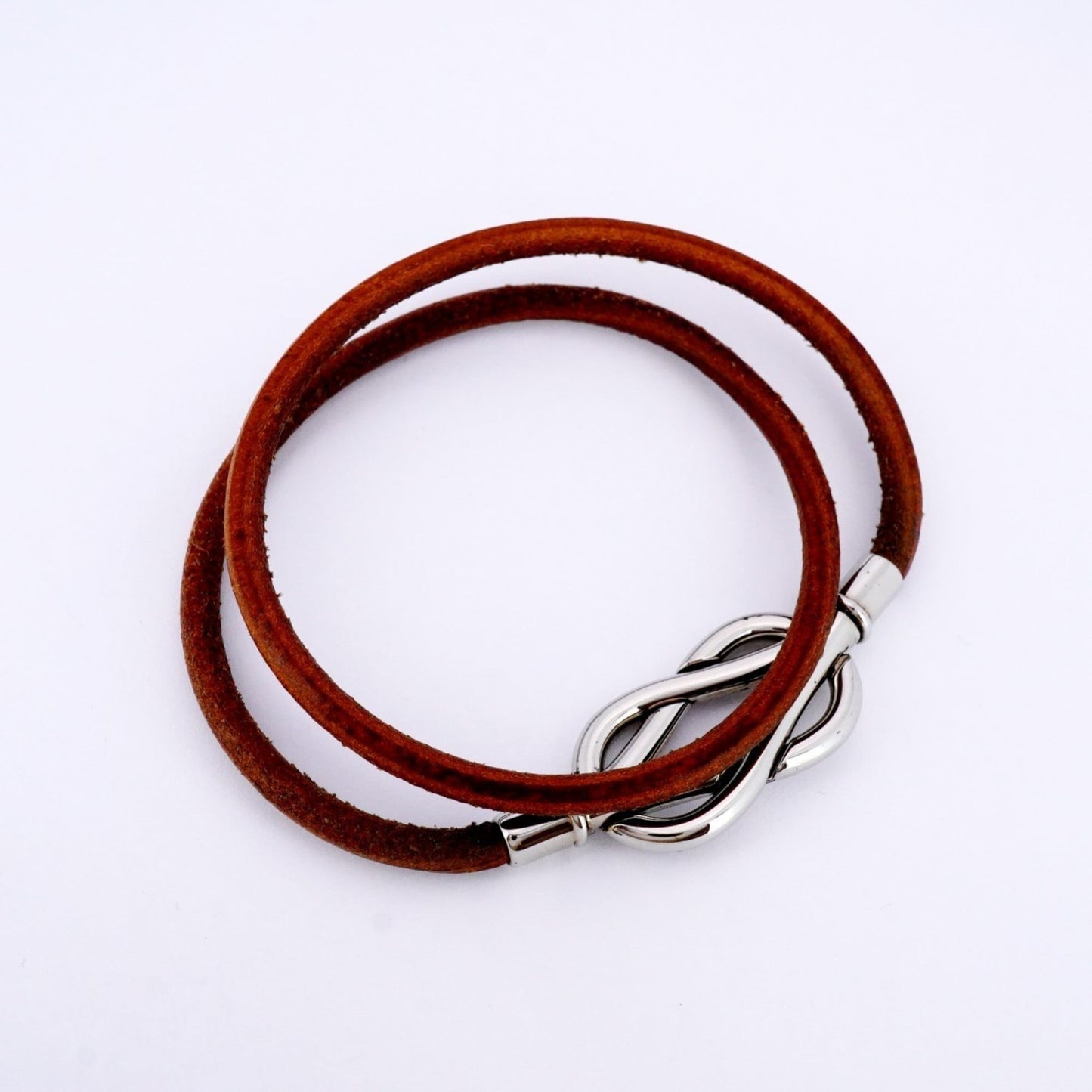 Hermes Hermès Atame Bracelet, 2-Row, Metal, Leather, Silver, Brown, Men's and Women's