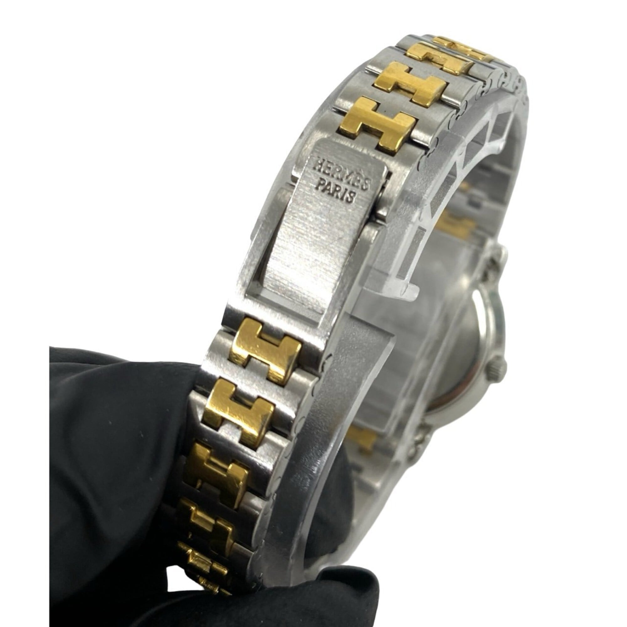 HERMES Vintage Sellier Stainless Steel GP Wristwatch Silver Gold 79642 — Good