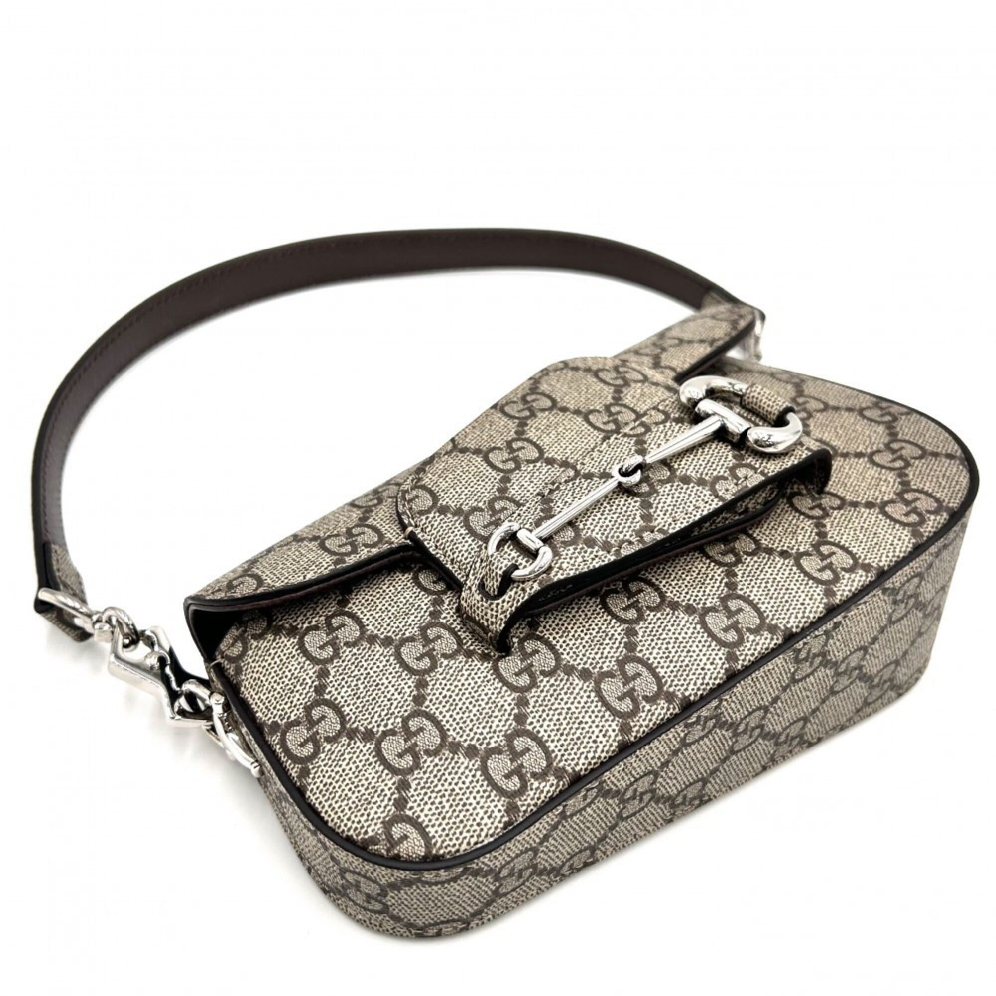 Gucci Women's Horsebit 1955 Shoulder Bag Mini Handbag Crossbody GUCCI 774209 GG Supreme Canvas Leather Beige Silver Hardware — Like New