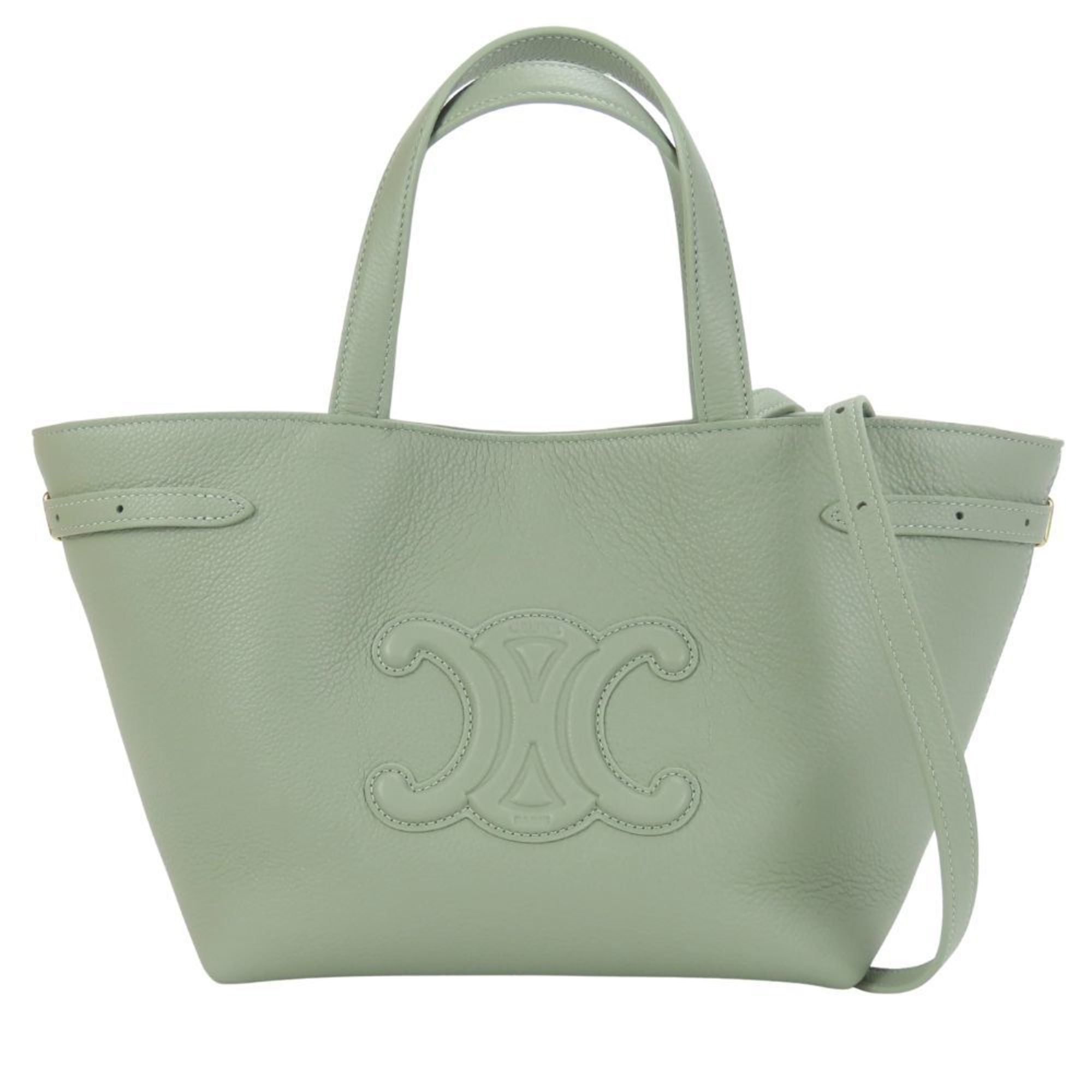 Celine Mini Cabas Anais handbag in light clay and khaki leather. Triomphe shoulder bag for women.