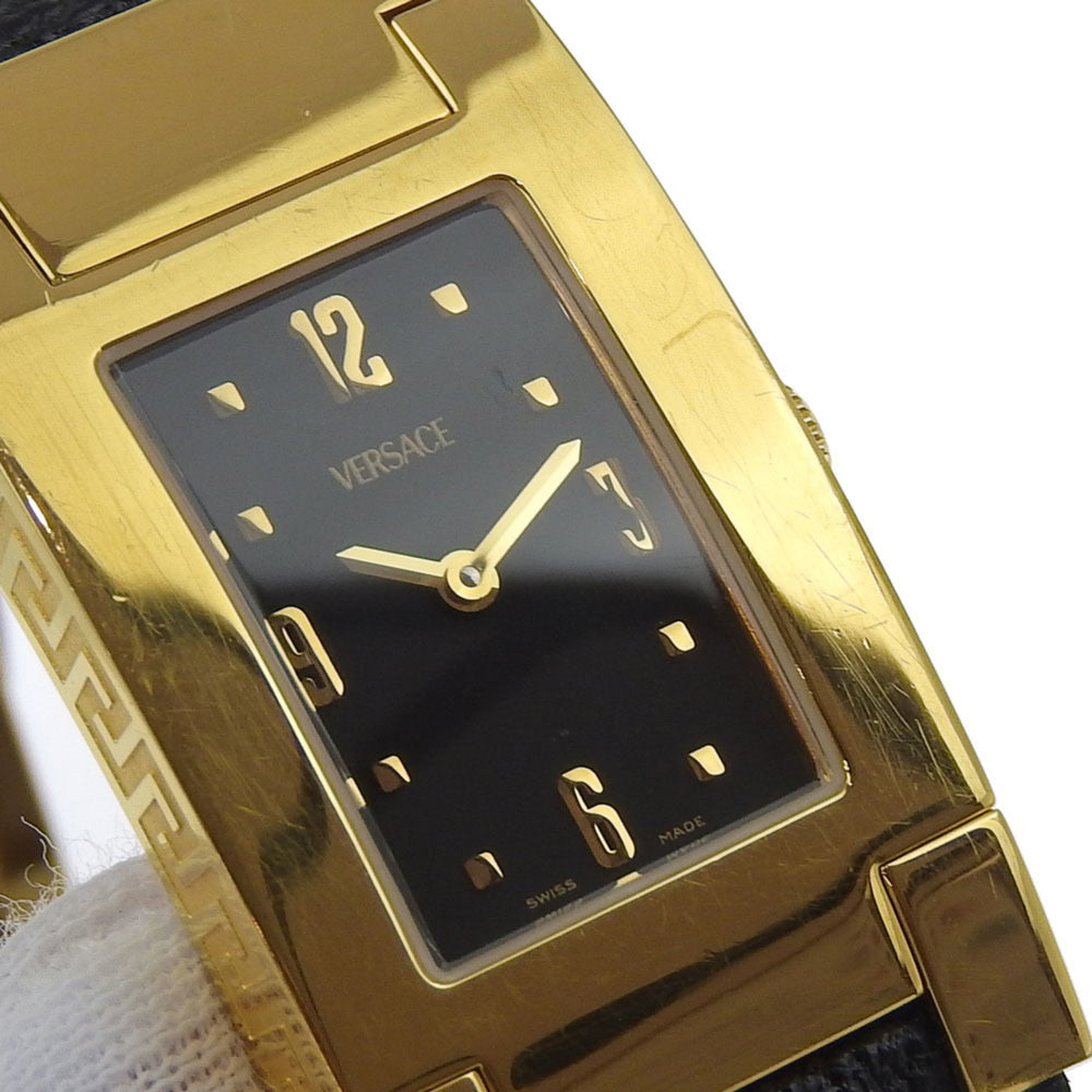 Versace VERSACE ALQ90 Rectangular Black Dial GP/Leather Quartz Watch Battery Women's — Good