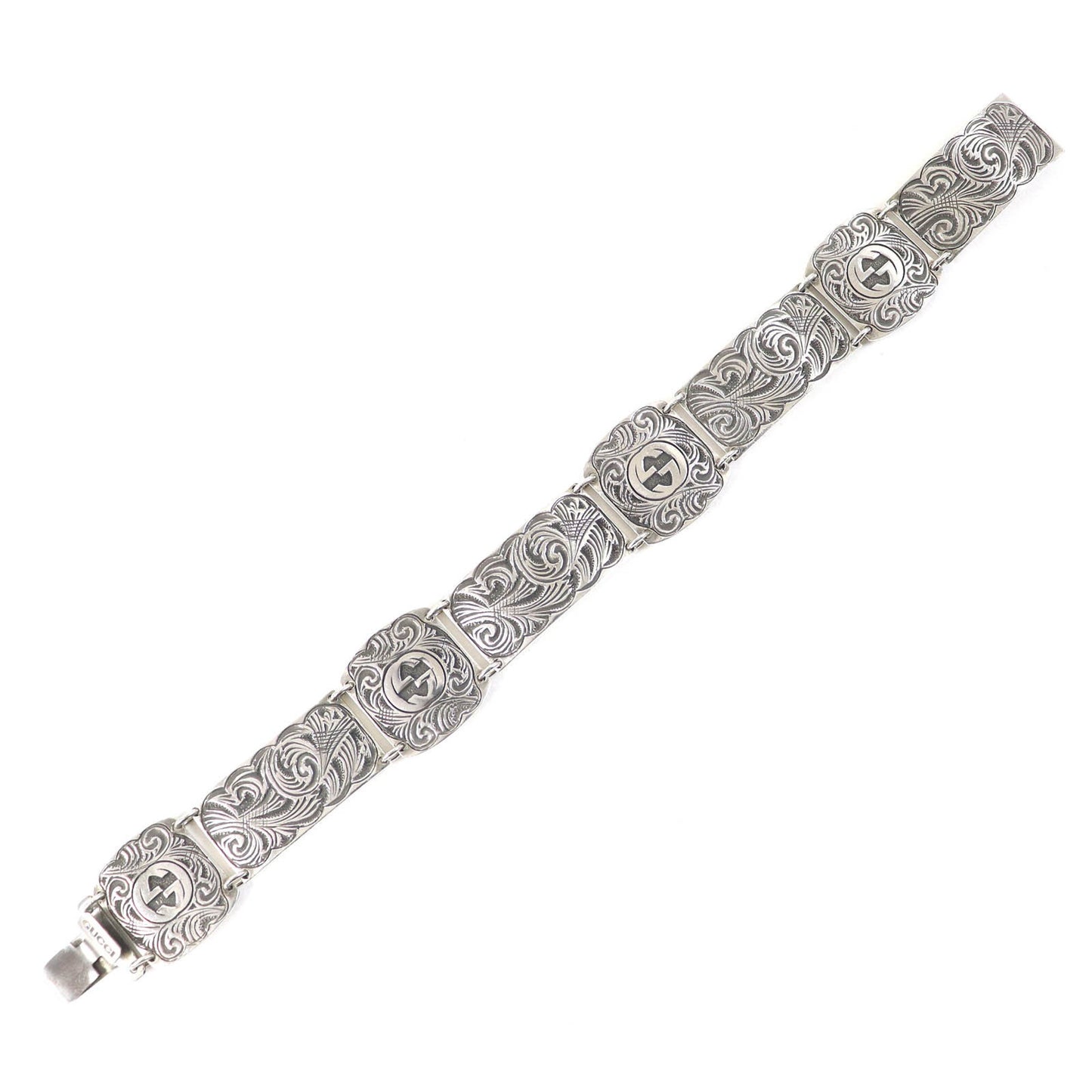 GUCCI Arabesque Interlocking G Bracelet, AG925 Silver, Size 17, Made in Italy, Weight 24.0g, Men's