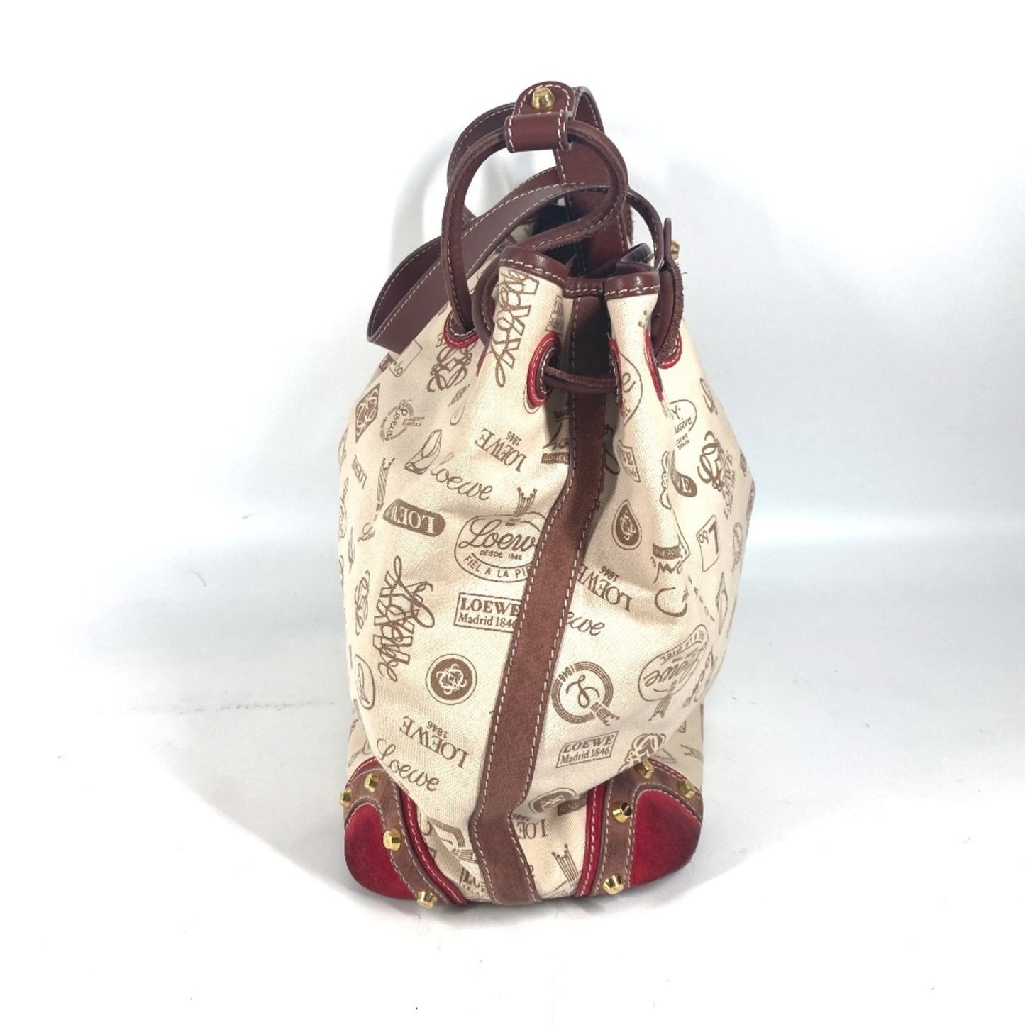 LOEWE 160th Anniversary Logo Anagram Drawstring Bag Shoulder Canvas Leather Women's Beige