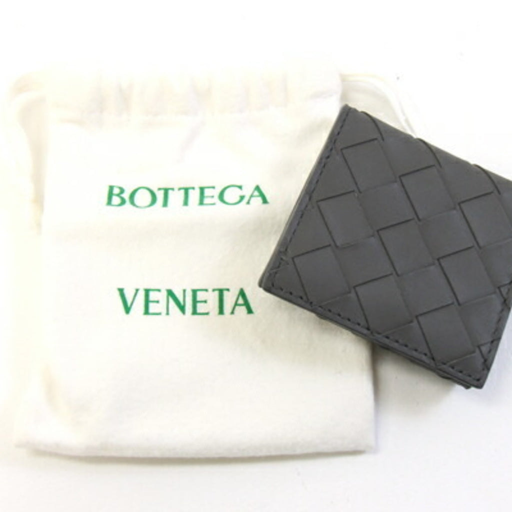 Bottega Veneta Intrecciato Coin Case 596579 Dark Gray Leather Compact Wallet with Purse, Tri-Fold Mini Wallet, Square, for Men and Women