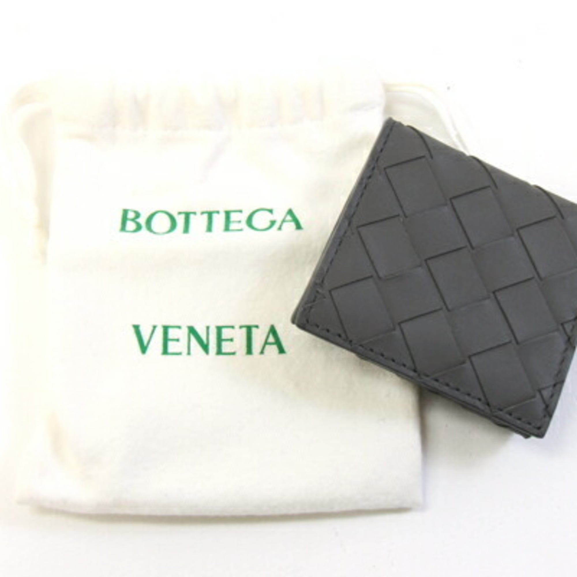Bottega Veneta Intrecciato Coin Case 596579 Dark Gray Leather Compact Wallet with Purse, Tri-Fold Mini Wallet, Square, for Men and Women