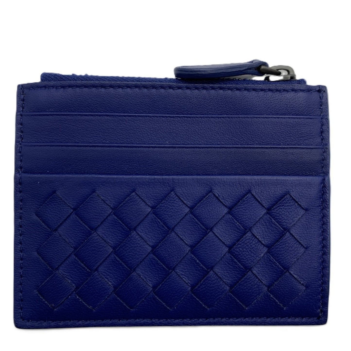 Bottega Veneta Intrecciato coin case and card in blue leather, 367004.