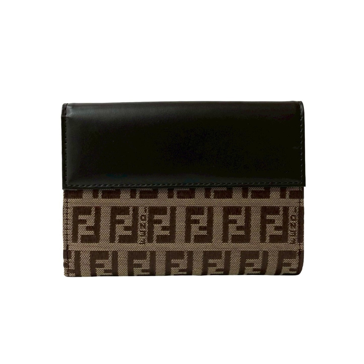 FENDI Zucchino FF Logo Leather Canvas Bifold Wallet Mini Brown 317-7