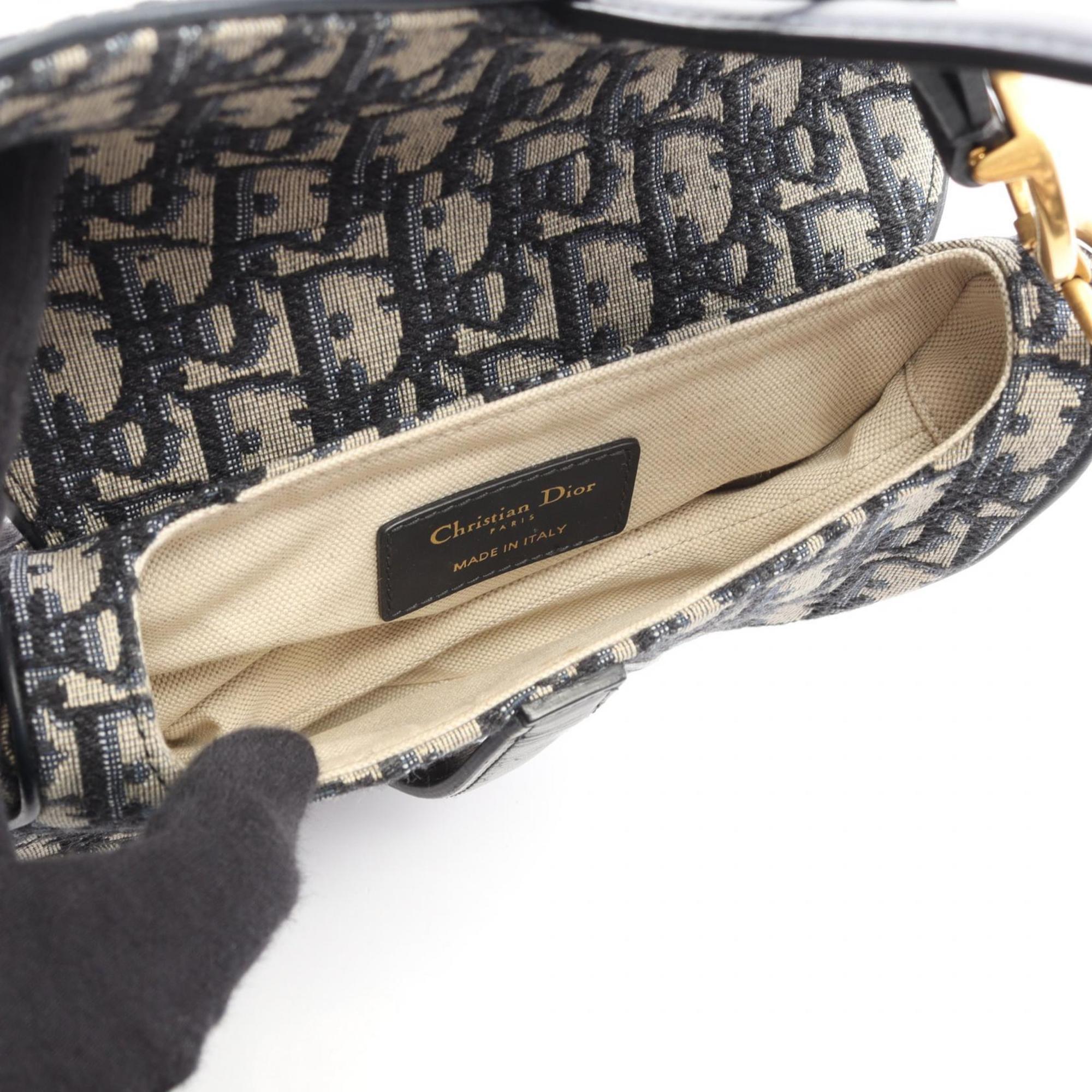 Christian Dior Dior Saddle Bag Mini Oblique Jacquard Handbag Canvas Leather Women's Ivory Navy