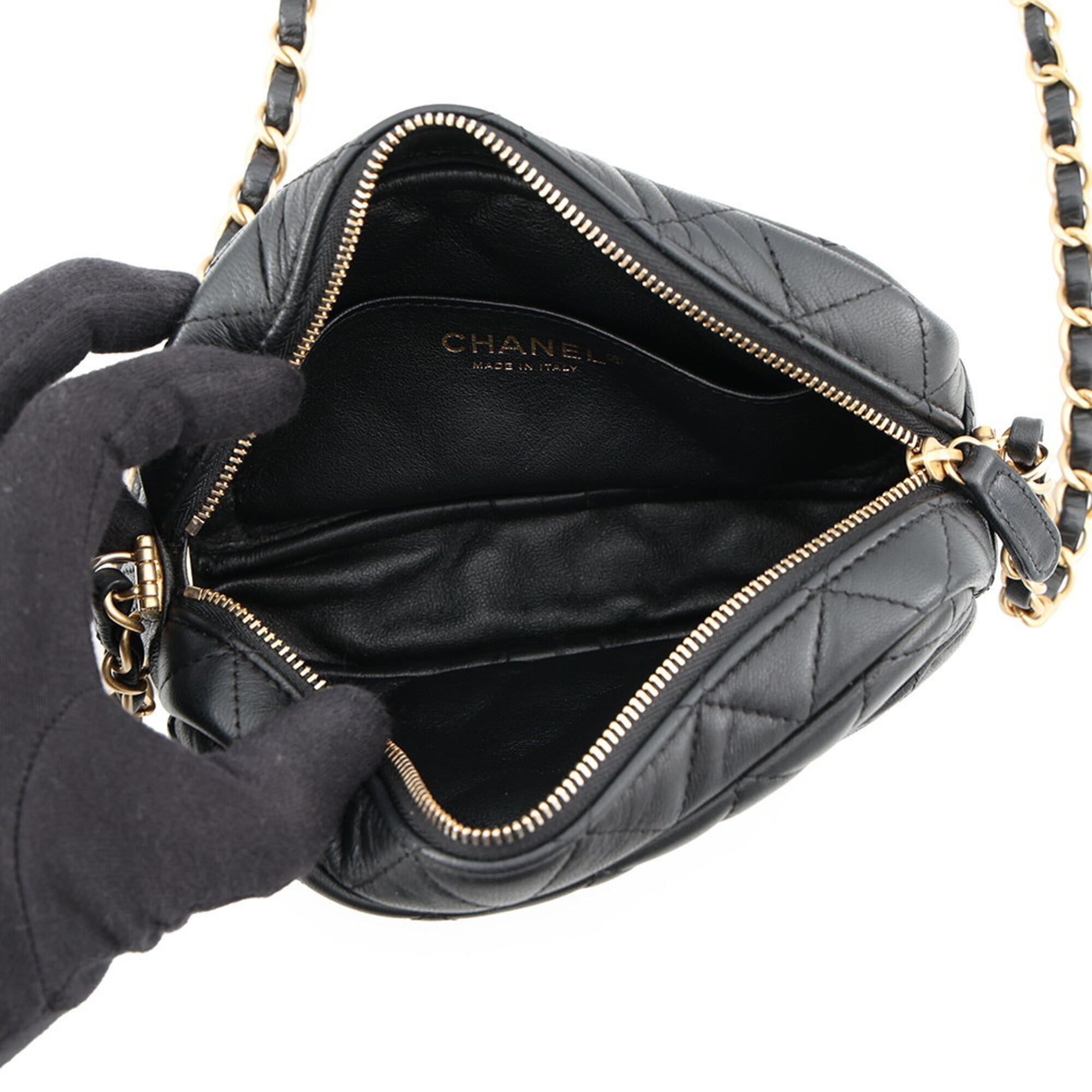 Chanel Chain Shoulder Bag, Matelassé, Coco Mark, Camera Case, Lambskin, A91796, CHANEL Pochette, Black, Handbag, Women's — Like New