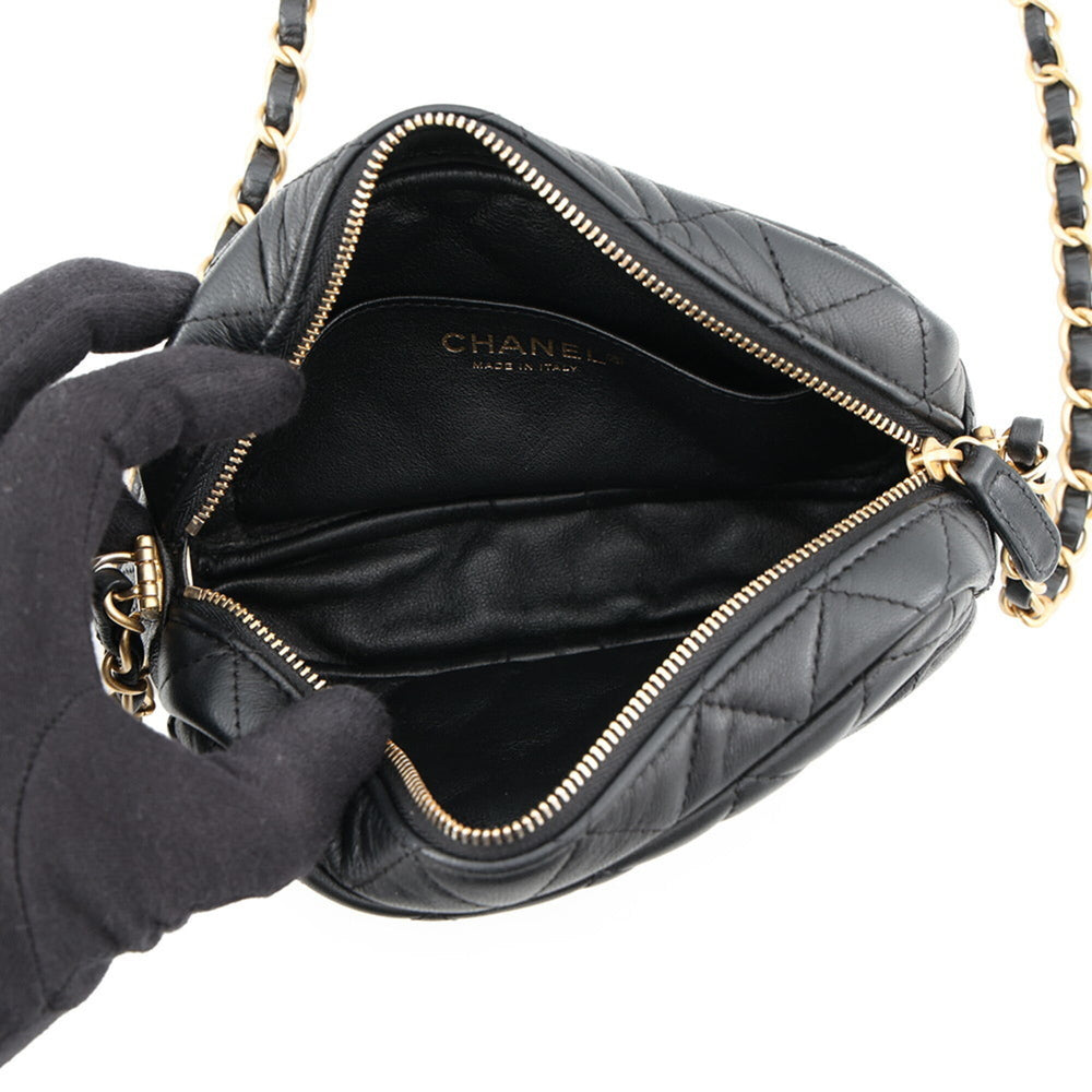 Chanel Chain Shoulder Bag, Matelassé, Coco Mark, Camera Case, Lambskin, A91796, CHANEL Pochette, Black, Handbag, Women's — Like New