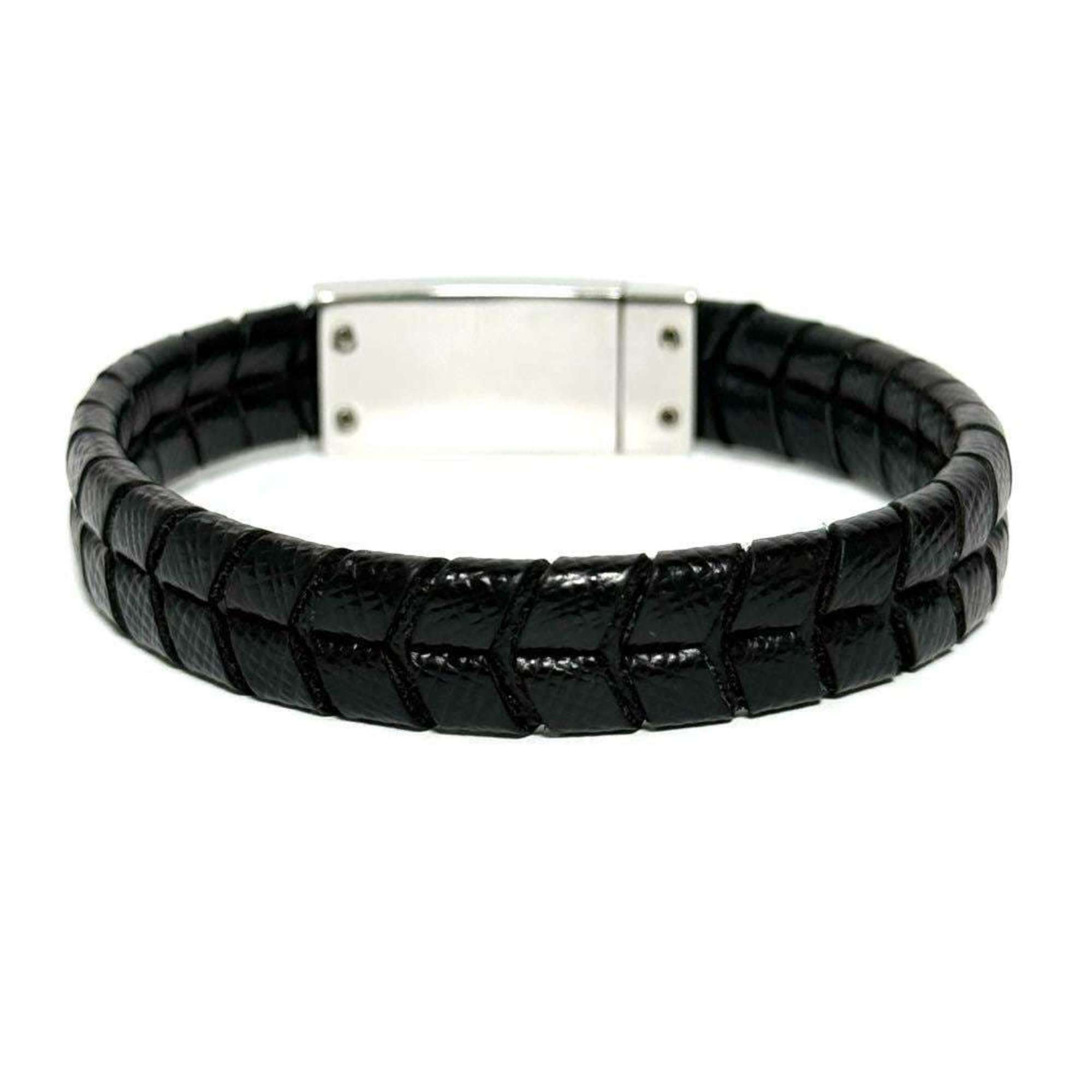 Prada Men's Logo Plate Leather Bracelet Black