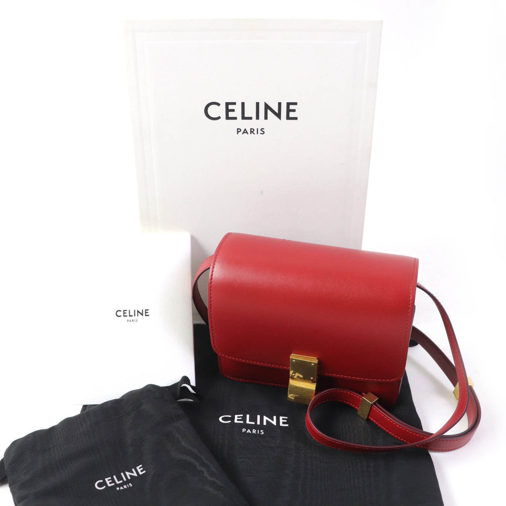 CELINE CLASSIC BOX Small (189183DLS) Classic Box Leather Shoulder Bag in Red with Gold Hardware and Dust Bag, Made Italy — Like New