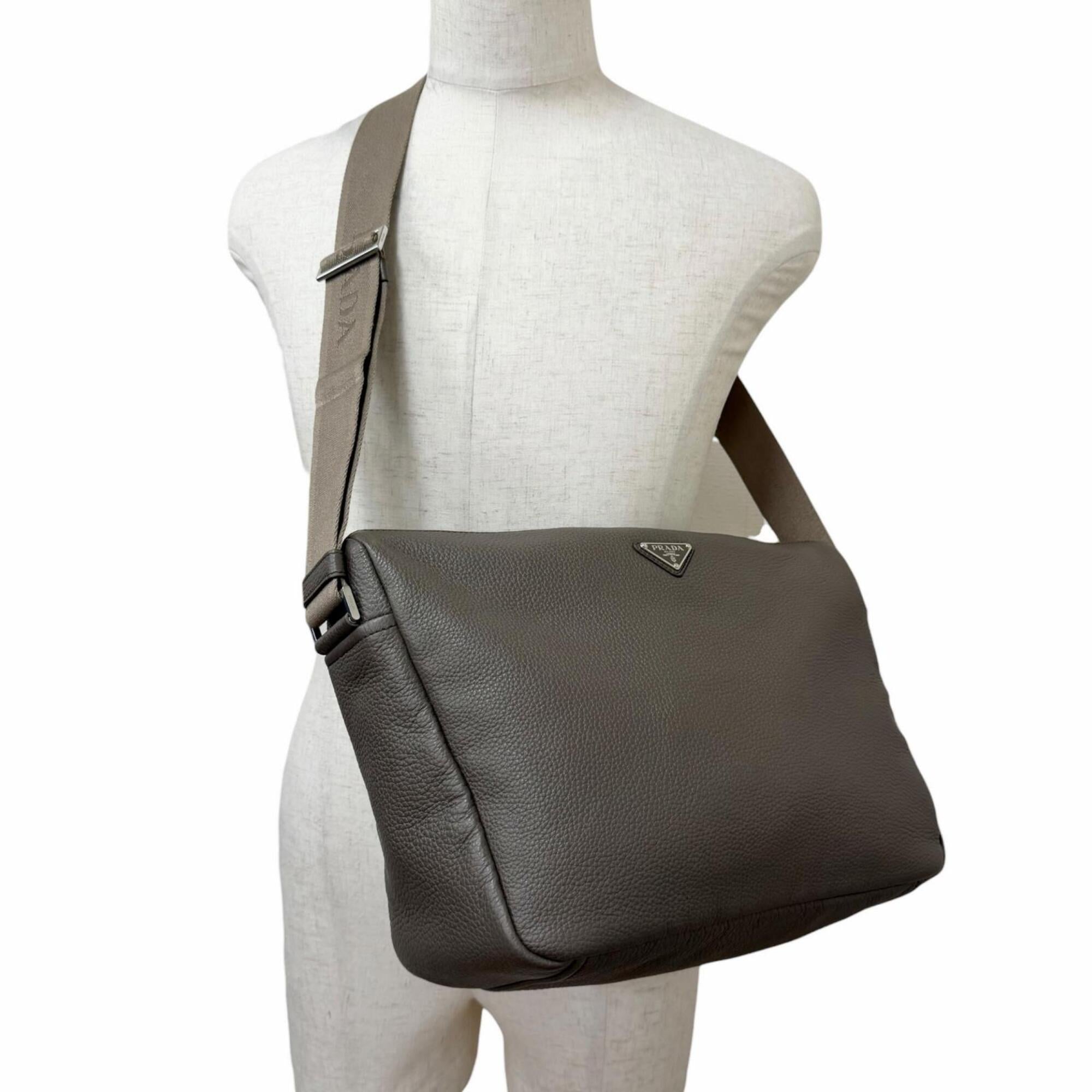 PRADA 2VH182 Vitello Daino Leather Triangle Logo Crossbody Shoulder Bag, Greige, Made in Italy, Men's — Like New