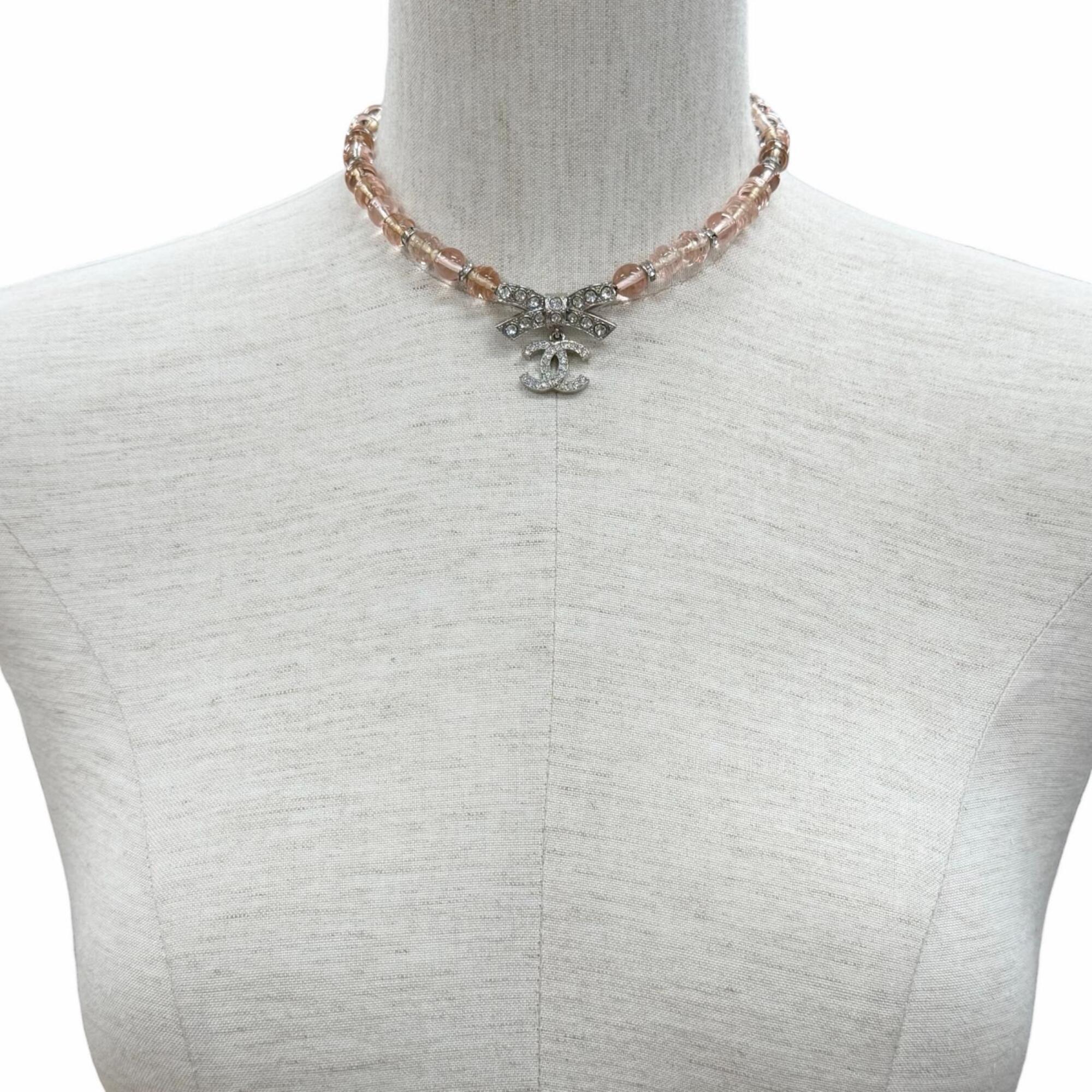 CHANEL (Chanel) 2023 Model B23S Coco Mark Ribbon Rhinestone Choker Necklace, Pink and Silver, with Box, Made in Italy, Women's — Like New