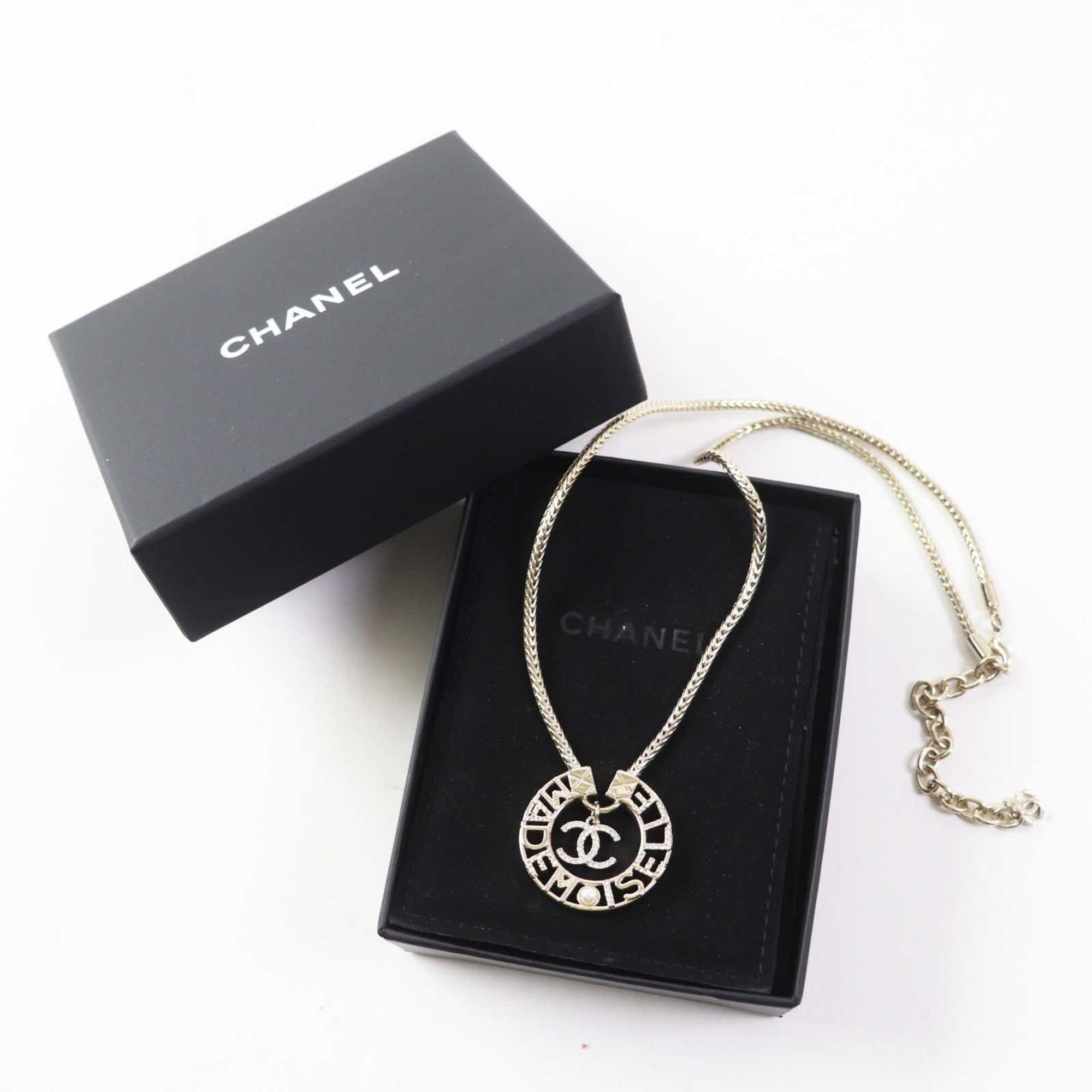 CHANEL Y22X MADEMOISELLE Rhinestone Coco Mark Necklace Pendant Gold with Box for Women — Like New
