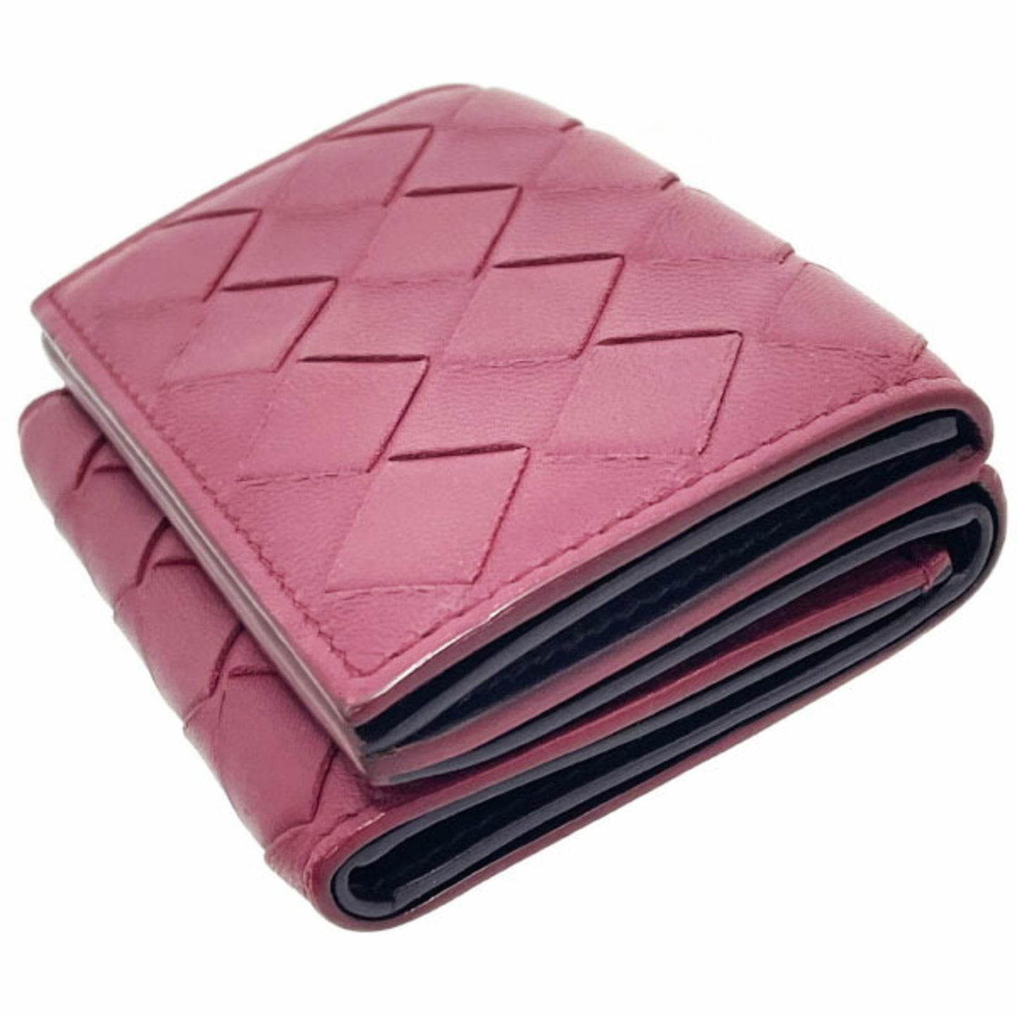 Bottega Veneta Intrecciato Tri-fold Wallet in Wine Red Leather with Mesh Tri-fold, Double Wallet, Compact Mini AYM-15789