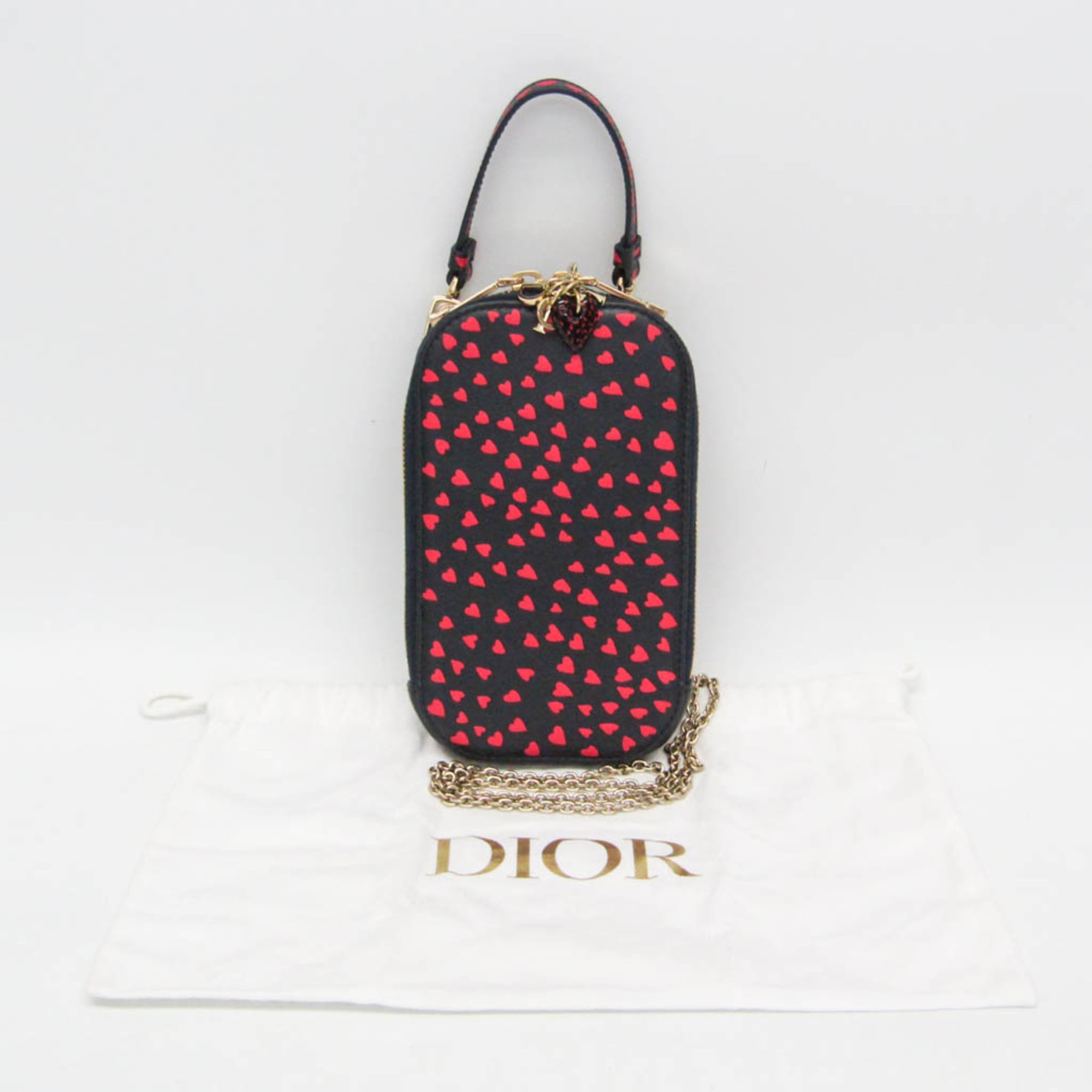 Christian Dior Lady Dior Phone Holder Women's Leather Pouch,Shoulder Bag Dark Navy,Red Color — Like New