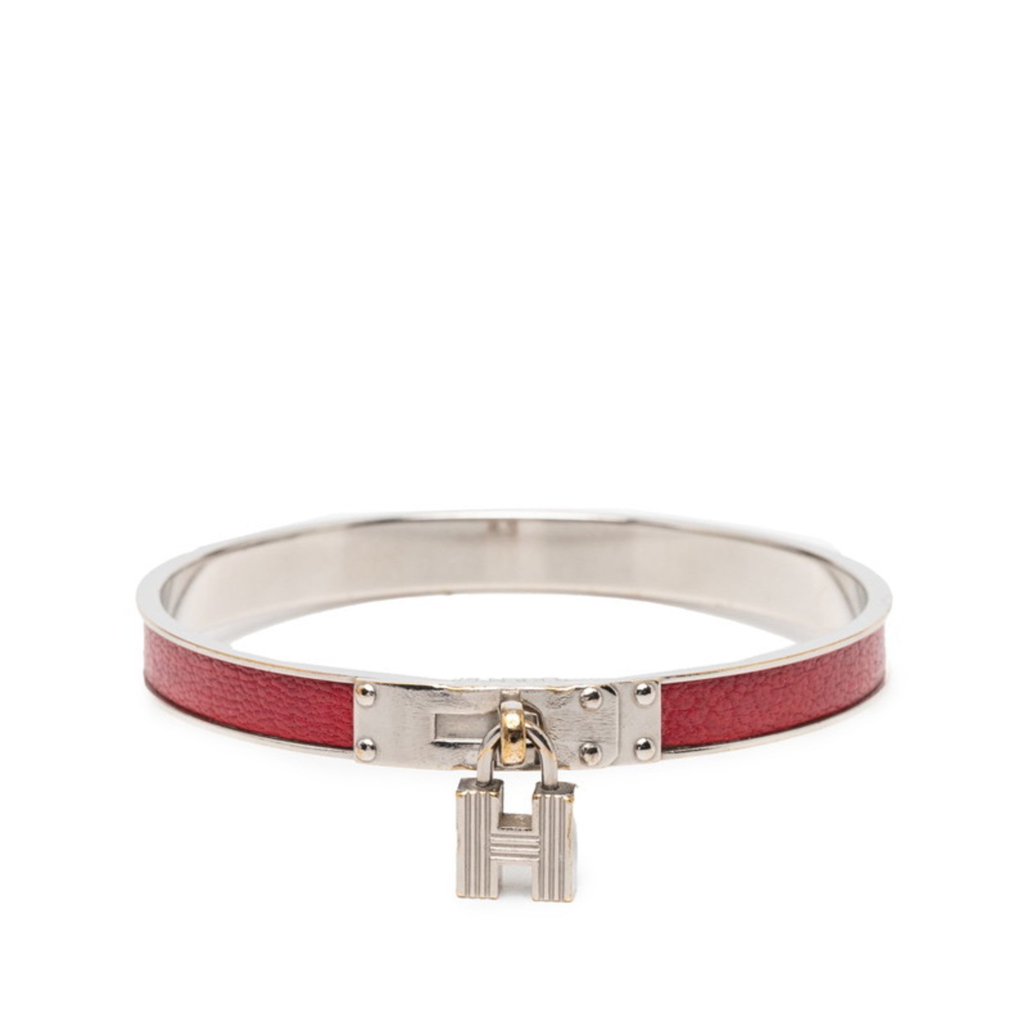 Hermes Kelly H Cadena Bangle Bracelet in Silver and Red Metal with Leather for Women
