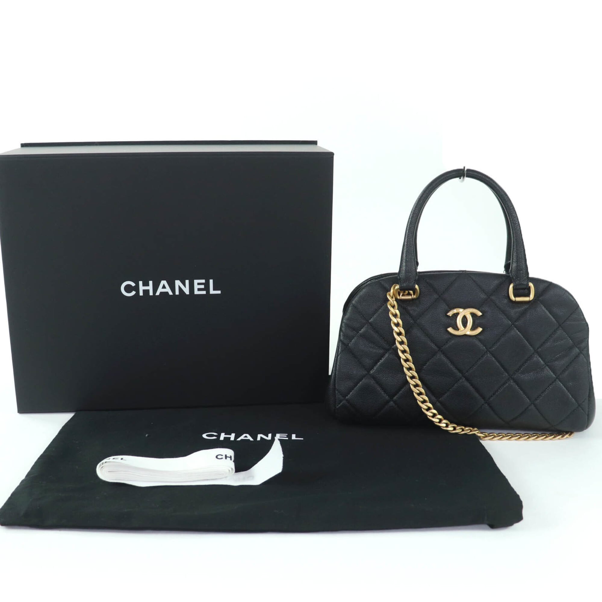 CHANEL AS3893 Caviar Skin Matelassé Coco Mark 2-Way Bowling Bag Handbag Black Gold Hardware Comes with Box and Dust Made in Italy Women's — Like New