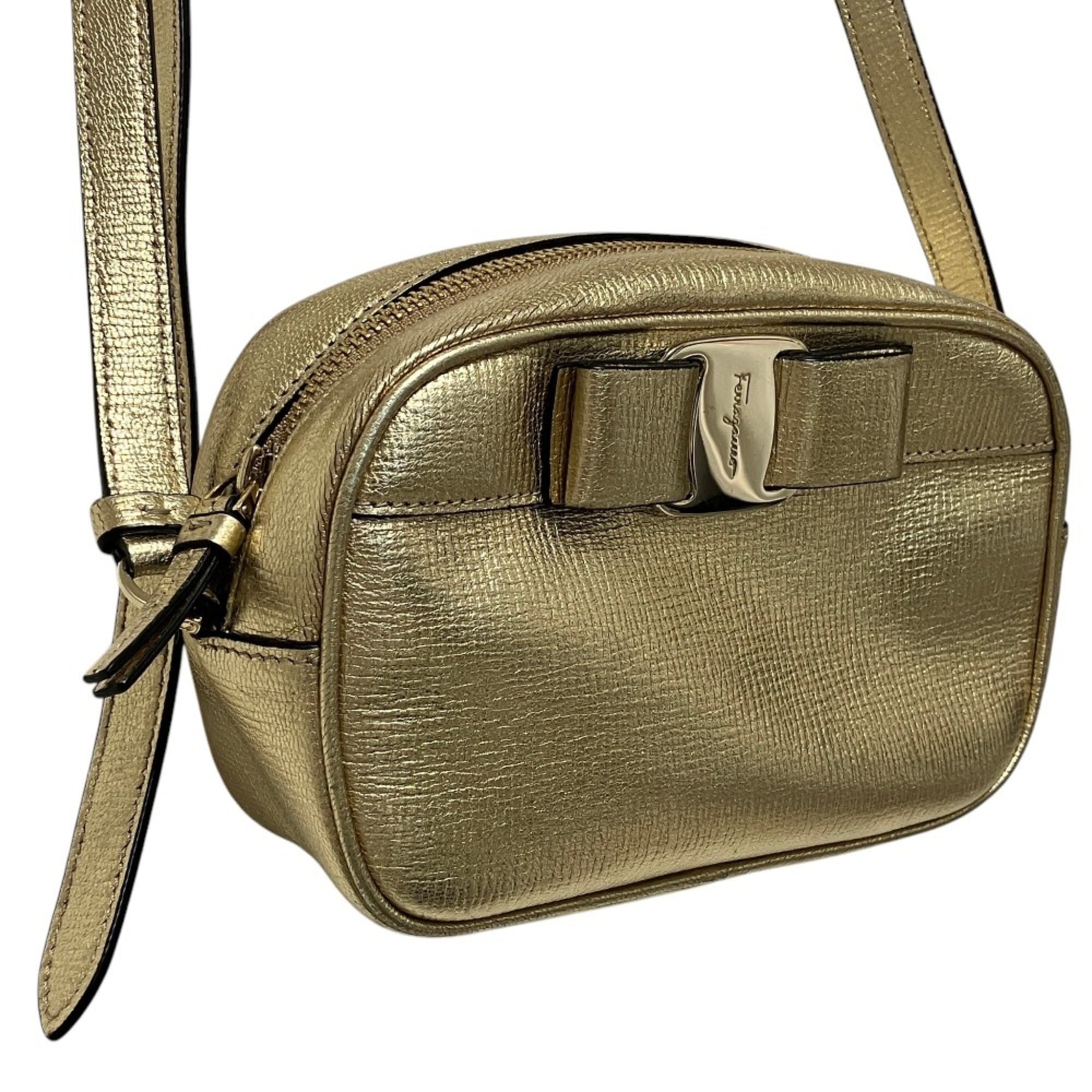 Salvatore Ferragamo Vara Ribbon Camera Shoulder Bag AU-21 H498 Gold Color Women's — Like New