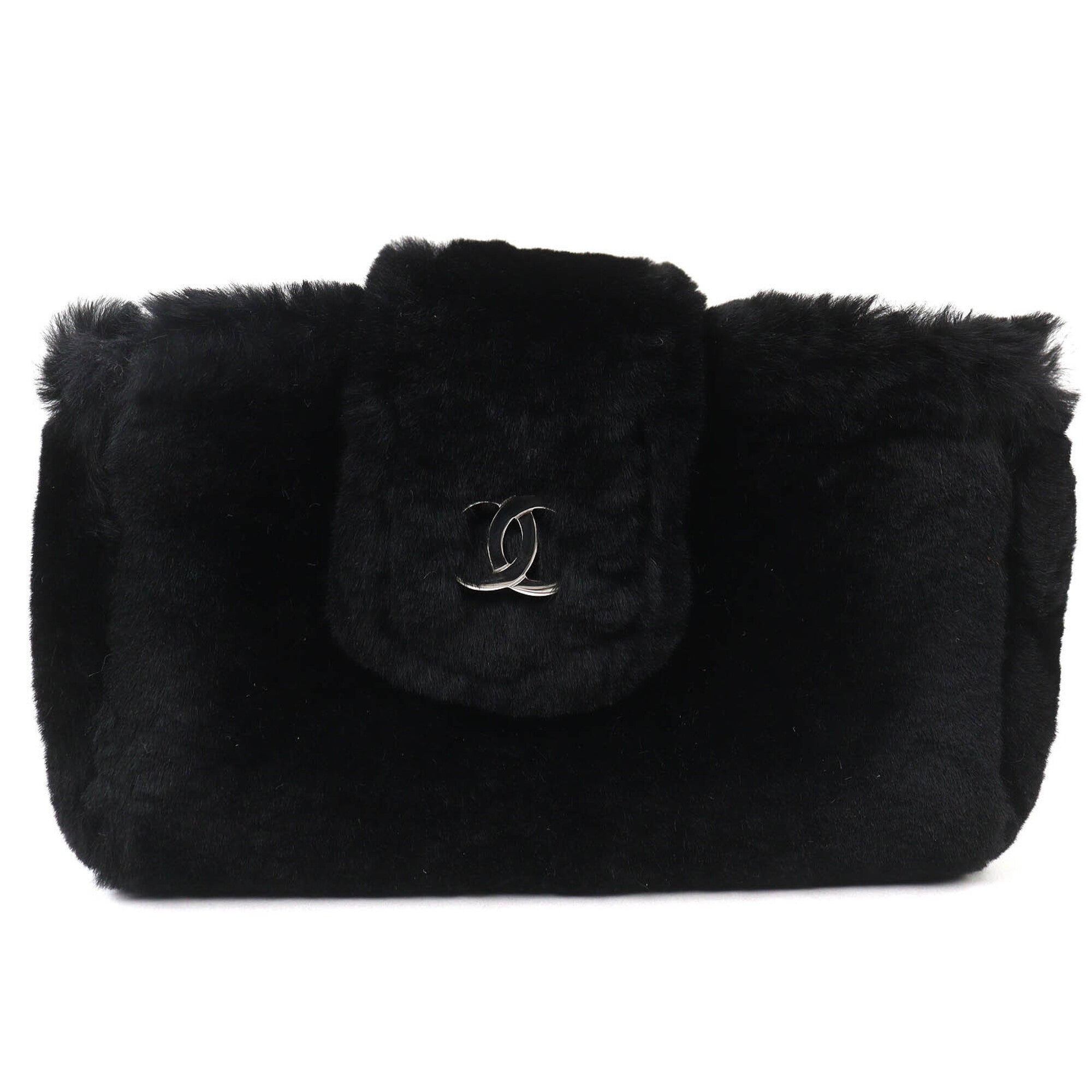 CHANEL Vintage Coco Mark Leather and Orilag Fur Pouch, Black with Silver Hardware, Comes Box, Made in Italy, Women's — Like New