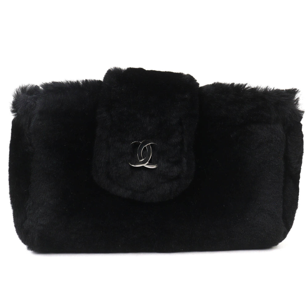 CHANEL Vintage Coco Mark Leather and Orilag Fur Pouch, Black with Silver Hardware, Comes Box, Made in Italy, Women's — Like New