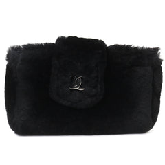 CHANEL Vintage Coco Mark Leather and Orilag Fur Pouch, Black with Silver Hardware, Comes Box, Made in Italy, Women's — Like New